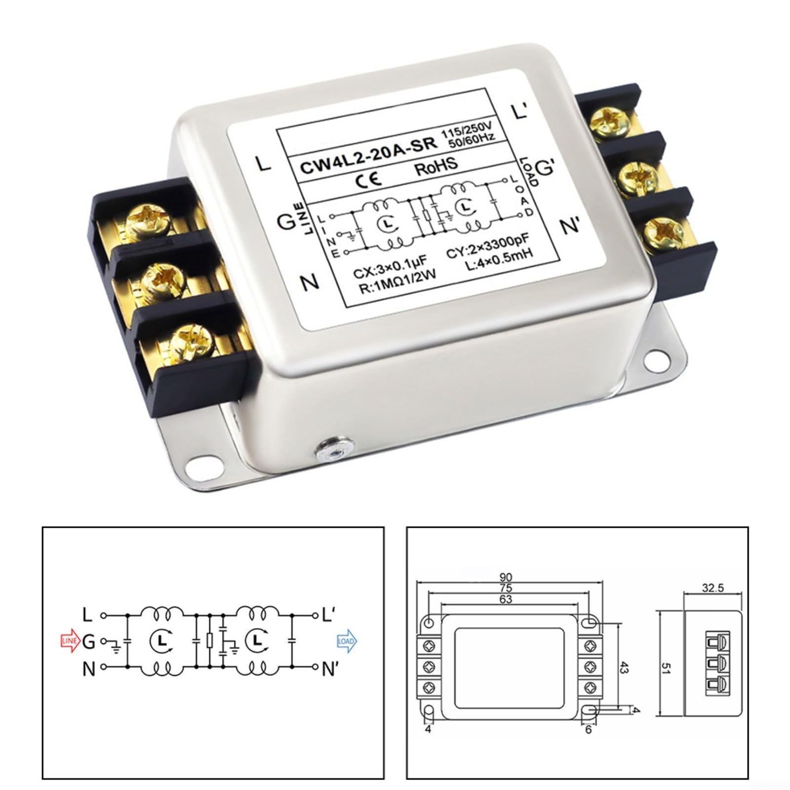 Netzfilter,CW4L2 Einphasiger Zweistufiger Netzfilter 3A/6A/10A/20A Entstörfilter Für Stromversorgung(10A)