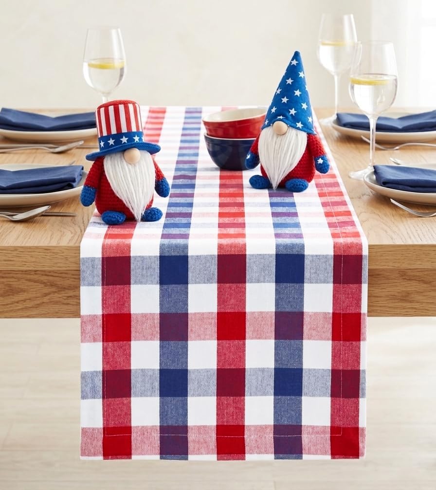 PurpleEssences 4th of July Buffalo Plaid Table Runner Classic Farmhouse 100% Cotton Checkered Farmhouse Table Runner for Spring Easter Summer Table Decor - 14 x 108 inch - Red Blue White