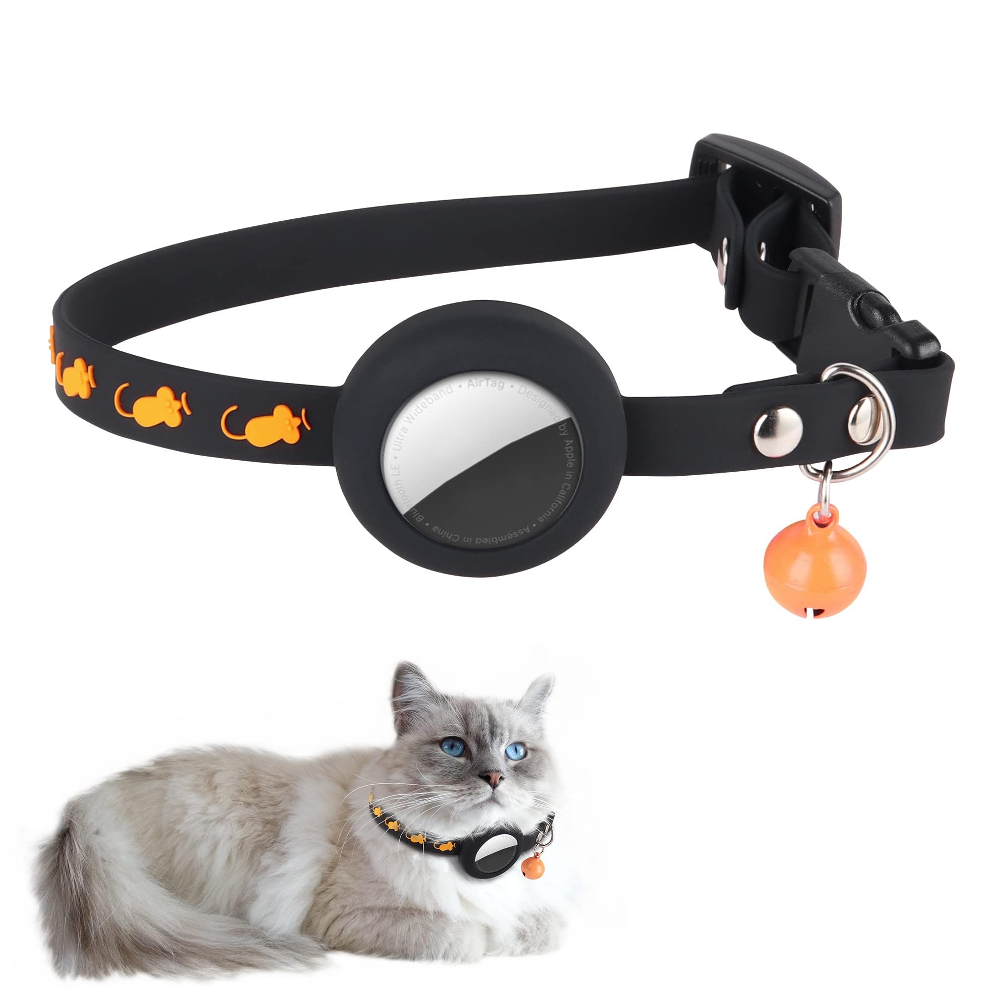 OBABO Air-t-a-g Cat Collar with Bell: Silicone Adjustable A-p-p-l-e Air-t-a-g Holder - Breakaway with Safety Buckle Waterproof Lightweight - for Cat Dog Kitten Puppy (Black)