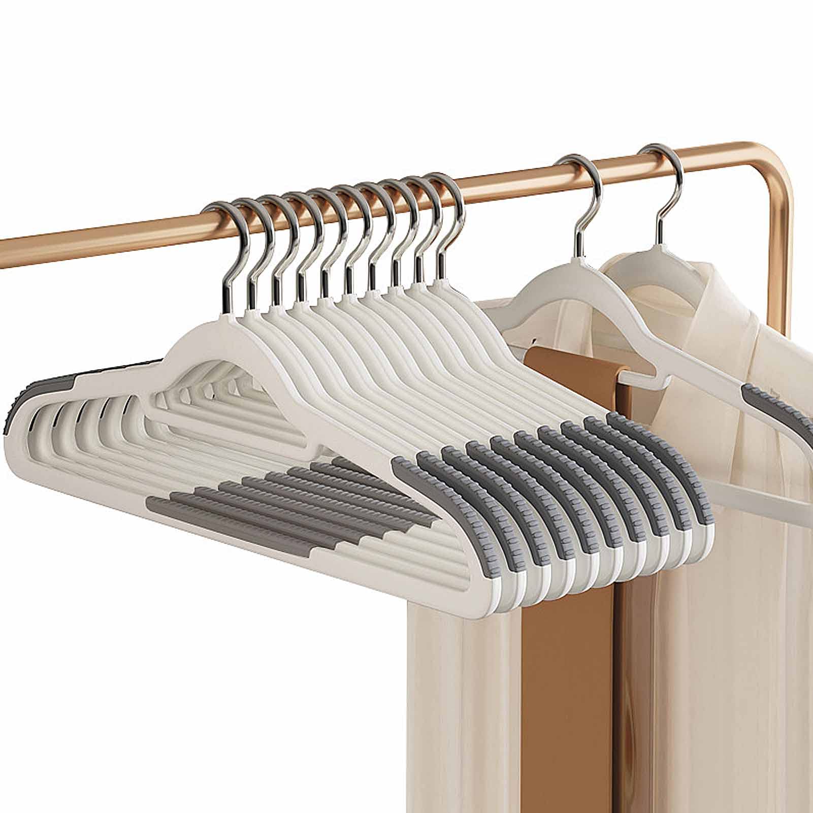 HOBIRD 10 Pack Strong White Plastic Garment Coat Hangers with Non-Slip Rubber Mats and Trouser Bar Clothes Hangers with Tie Bar, 42cm Long