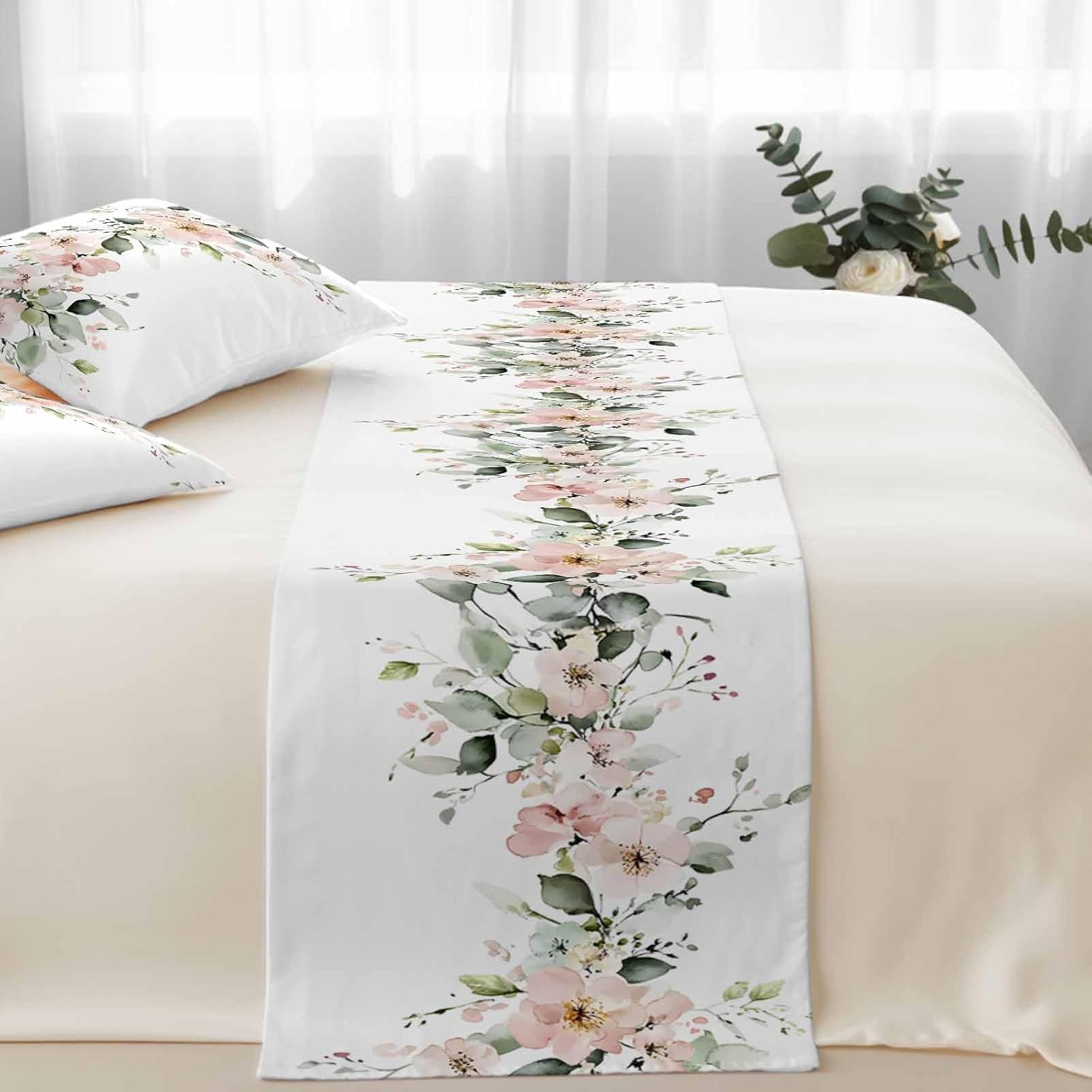 Floral Eucalyptus Leaves Bed Runners for Cal King Size Beds Spring Summer Botanical Bed Scarf Matching Decorative Throw Pillow Covers Hotel Beds End Blanket Towel Soft Bedspread Protection for Bedroom