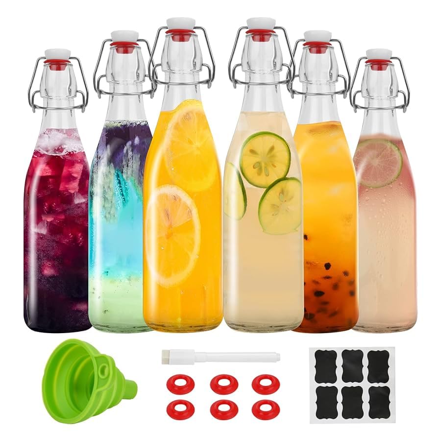 Premify 6 Pack Flip Top Glass Bottles with Airtight Stopper Lids – 16oz Clear Glass Bottles for Kombucha, Fermentation, Kefir, Oil, Water, Milk, Soda & Vinegar – Includes Extra Gaskets,Label &pen