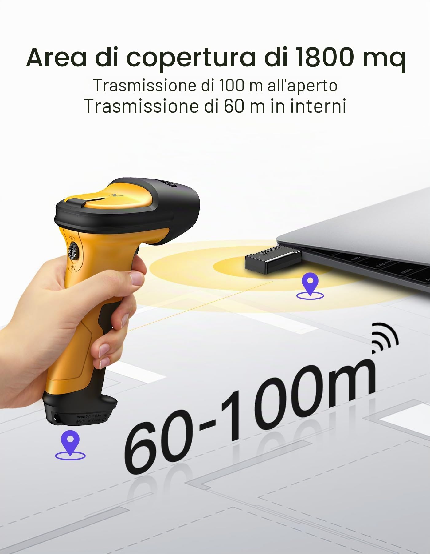 Inateck Lettore Codici a Barre Wireless AI, 2.4GHz Barcode Scanner | Portata 60m Batteria 2600mAh Durata Batteria Uso ininterrotto 1 Mese | Lettura Automatica Veloce e Precisa, P6-AI