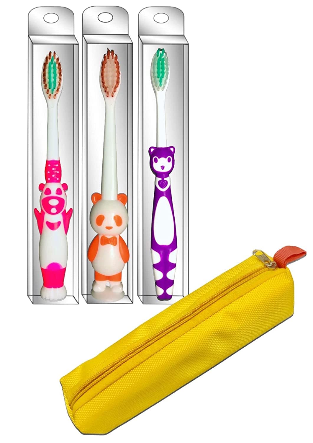 BigBro Kids Baby Boy Girl Children Manual Toothbrush Extra Soft Bristles With Toothbrush Cover Cartoon Shape For Age 2+ (Super Saver Pack Of 3 Plus 1 Pencil Pouch),Multicolor-image-49