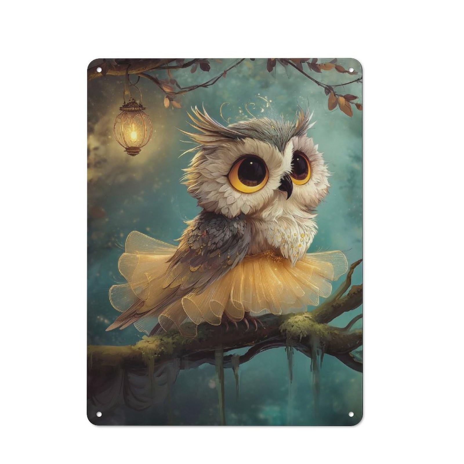 Junmoney Style-16 Rustic Tin Sign With Cute Owl In Tutu On Branch Design 40X30cm, Casual Garden Room Wall Plaque For Shed, Garden Room, Porch Or Garage