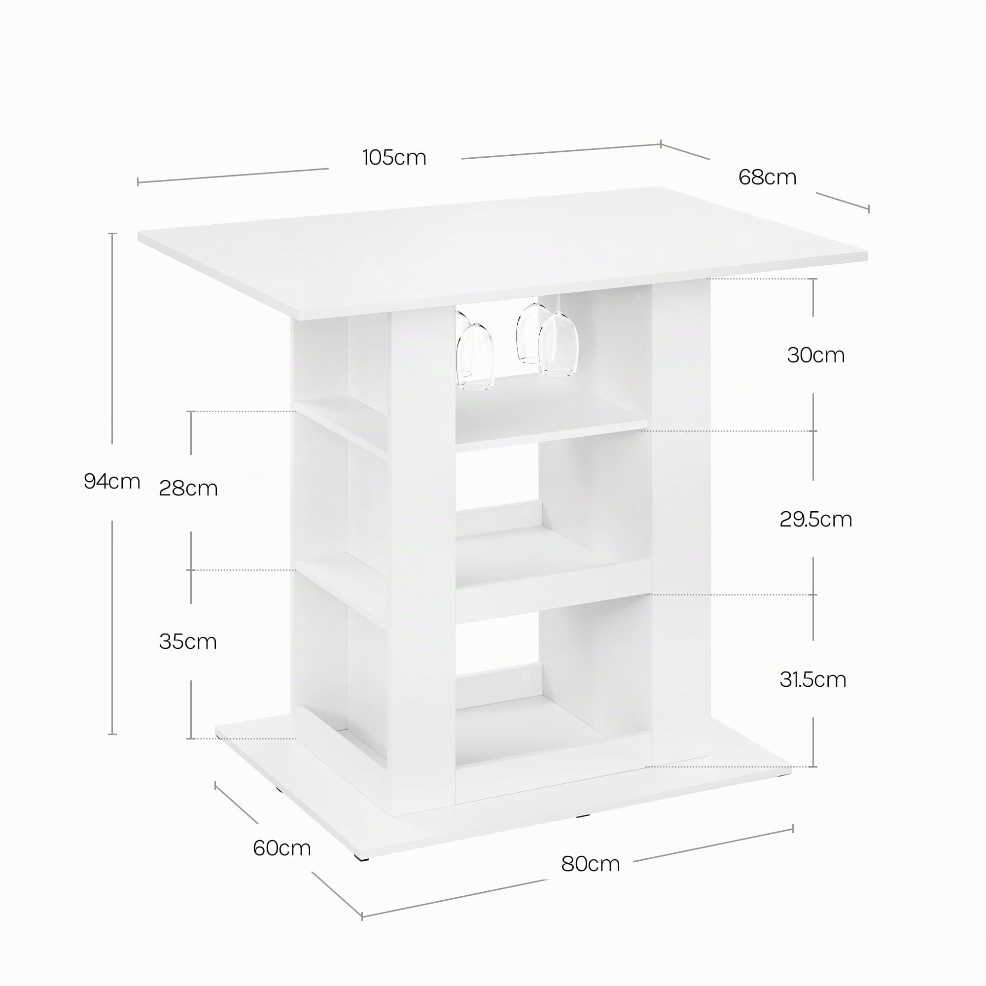 WOLTU Tavolo da Bar con Vano Portaoggetti, Tavolo da Bistrot con 2 Portabicchieri, Bancone Bar per Bar Cucina Soggiorno, 105x94x68 cm, Bianco