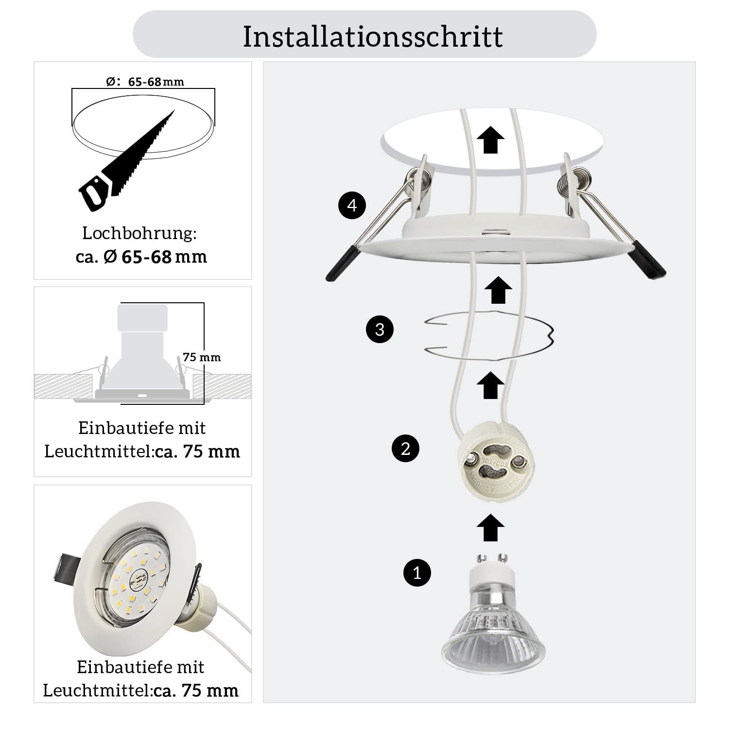 HiBay LED Einbaustrahler 230V Set GU10 Deckenspots Rund Weiß Einbauspot Rahmen 68mm Inkl. GU10 Fassung für LED oder Glühbirne 30er Set | Einbauspot Rahmen Inkl. GU10 Fassung für LED oder Glühbirne für Wohnzimmer Schlafzimmer Küche Flur Büro