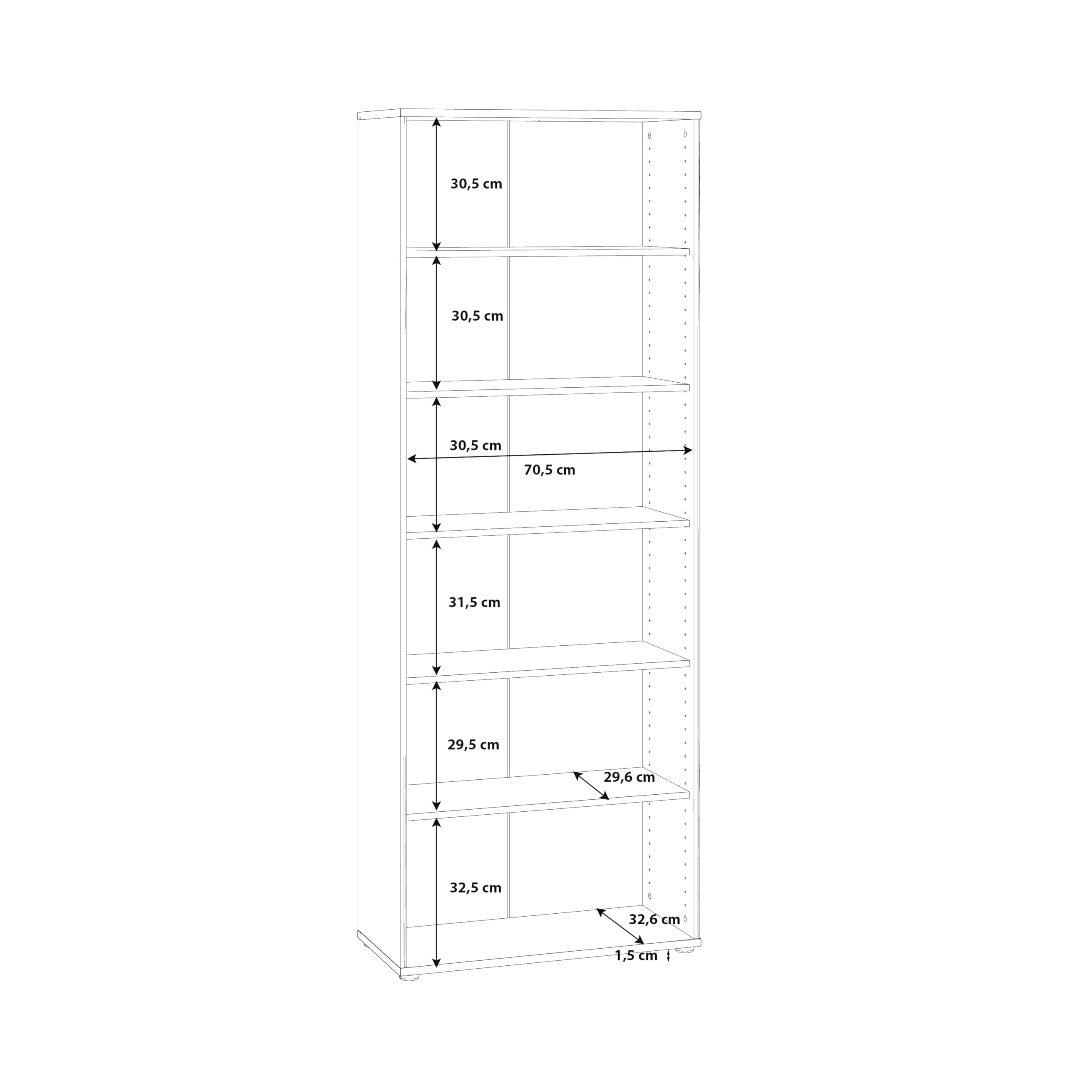 Forte TEMPRA 2 modernes Bücherregal 70 80, Regal mit 5 Einlegeböden, Standregal Büro, weißes Regal, Jugendzimmer, Kinderzimmer, Holzwerkstoff, Weiß, 73,7 cm breit x 197,5 cm hoch x 34,8 cm tief