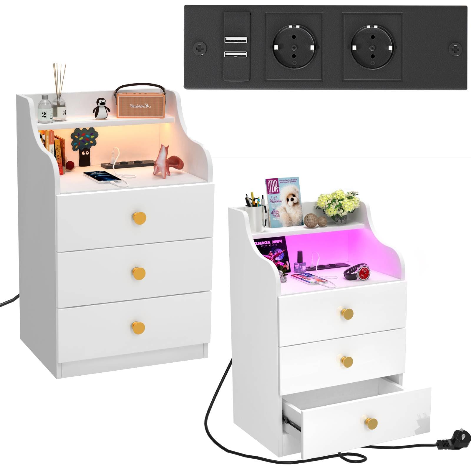 Rcynview Mesitas de Noche Blancas Pack 2 Mesita de Noche iluminación LED con Estación de Carga, Puertos USB, Mesillas de Noche Dormitorio con 3 Cajones, 45x35x73cm Mesa de Cabeceira Moderno, Blanco
