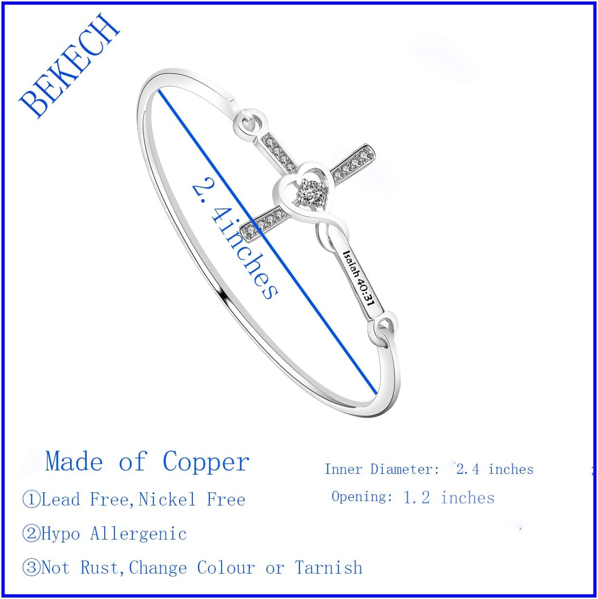 BEKECH Christian Jewelry Cross Charm Bracelet Bible Verse Isaiah 40:31 Faith Jewelry Religious Gift for Women - Image 2