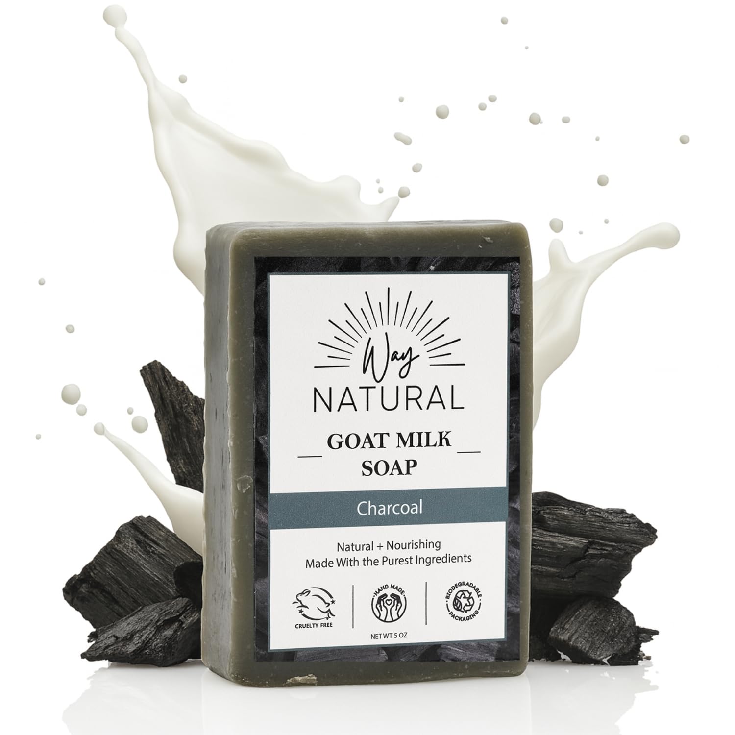 Way Natural Activated Charcoal Soap Bar - Goat Milk Soap for Men, Women & Kids - Natural, Handmade w/Real Milk - Dry, Sensitive Skin, Hands/Body -