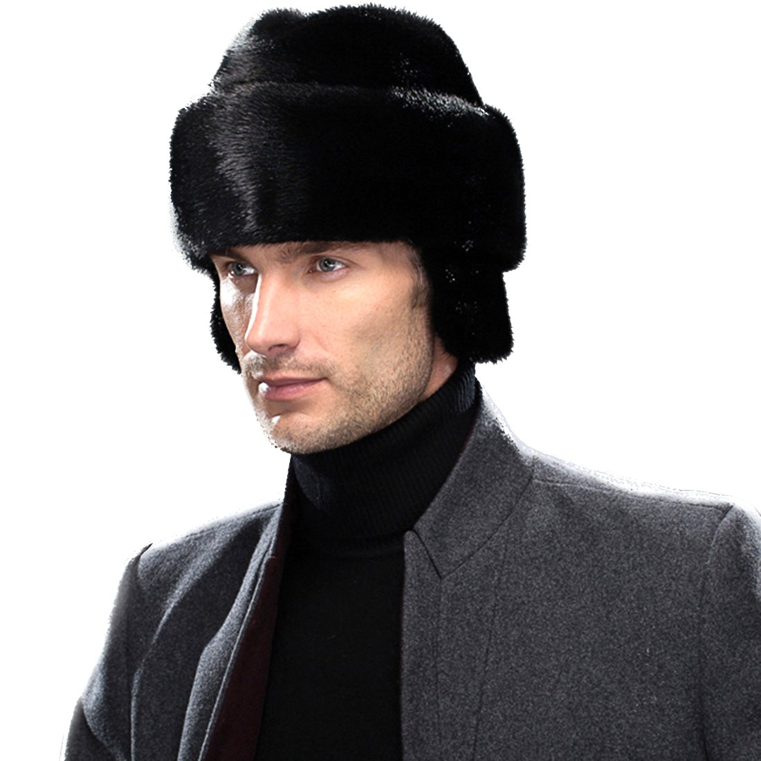 URSFUR Men's Mink Russian Cossack Hats Caps with Ear Flaps