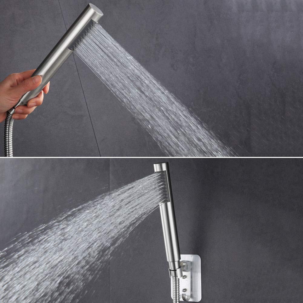 Cabezal Ducha de Mano Universal de Mano, Boquilla de rociador Ducha de Mano a presión de Ahorro de Agua de baño de Acero Inoxidable 304 Redondo, con Manguera y Soporte - Acabado Cepillado