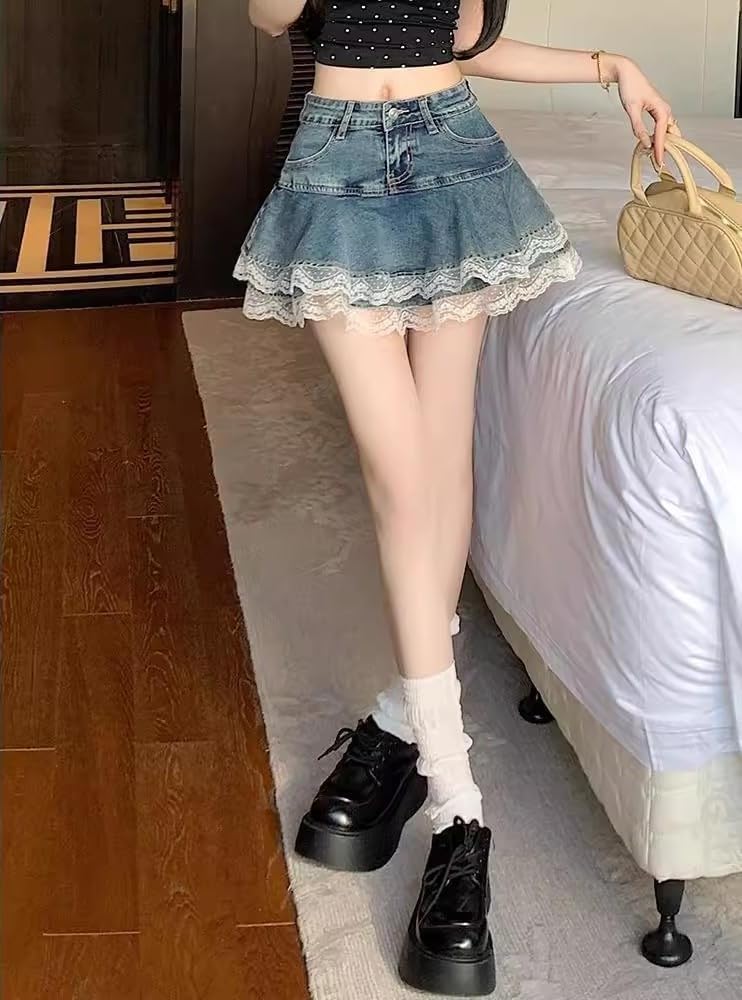 Y2K High Waist Denim Lace Mini Skirt for Women – Harajuku A-Line Ruffle Skater Skirt Kawaii Fairycore Style - Image 5