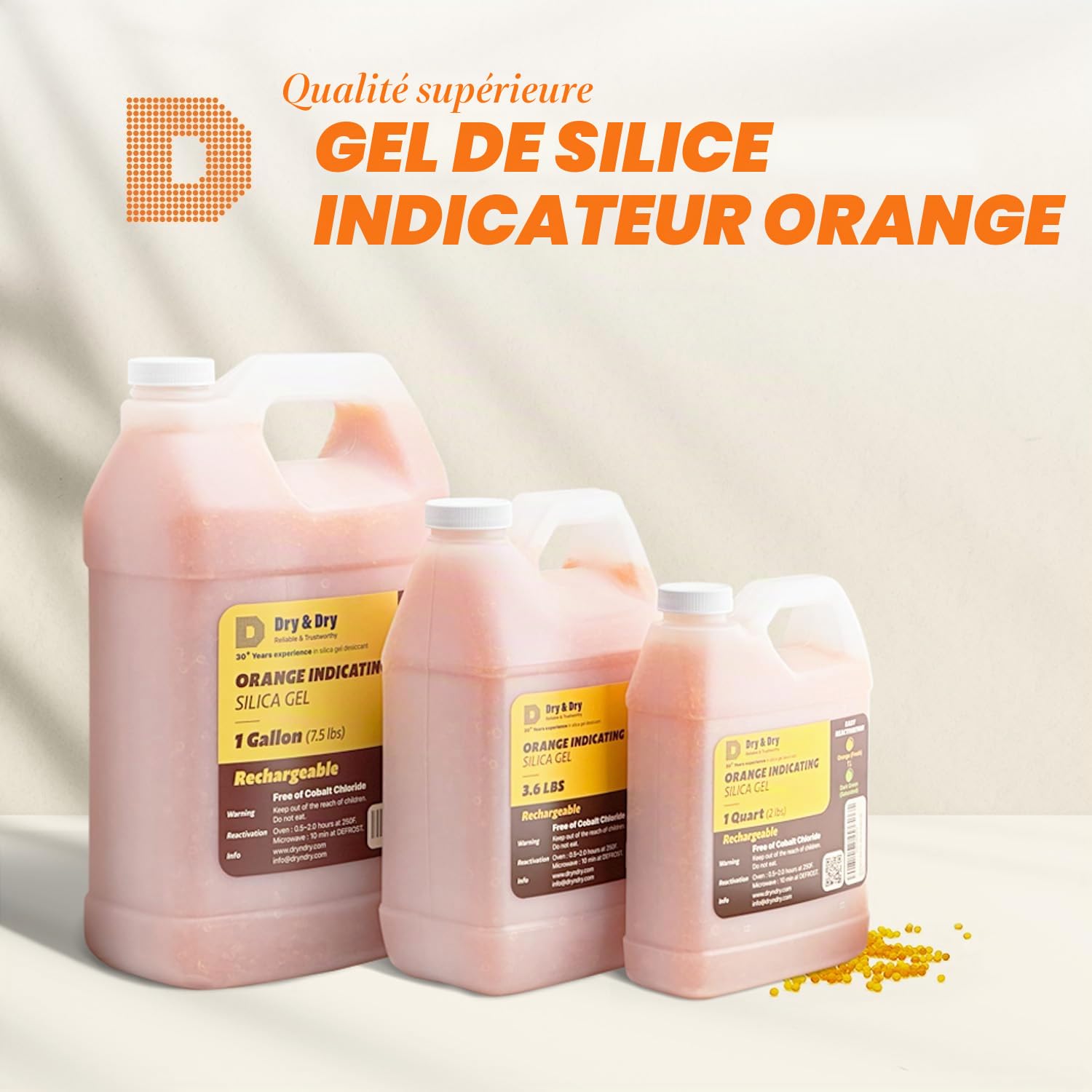 Dry & Dry Perles déshydratantes en Gel de silice Orange d'une capacité de 1 l (Norme Industrielle 2-4 mm) – Perles en Gel de silice sans Fil (0,9 kg)