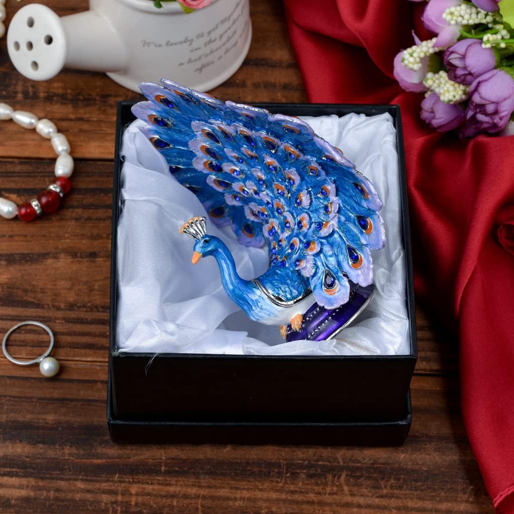 Silver Crystal Enameled Peacock Jewelry Box, Hand-Painted Hinged Blue Peafowl Trinket Box, Elegant Home Décor & Unique Gift for Bird Lovers