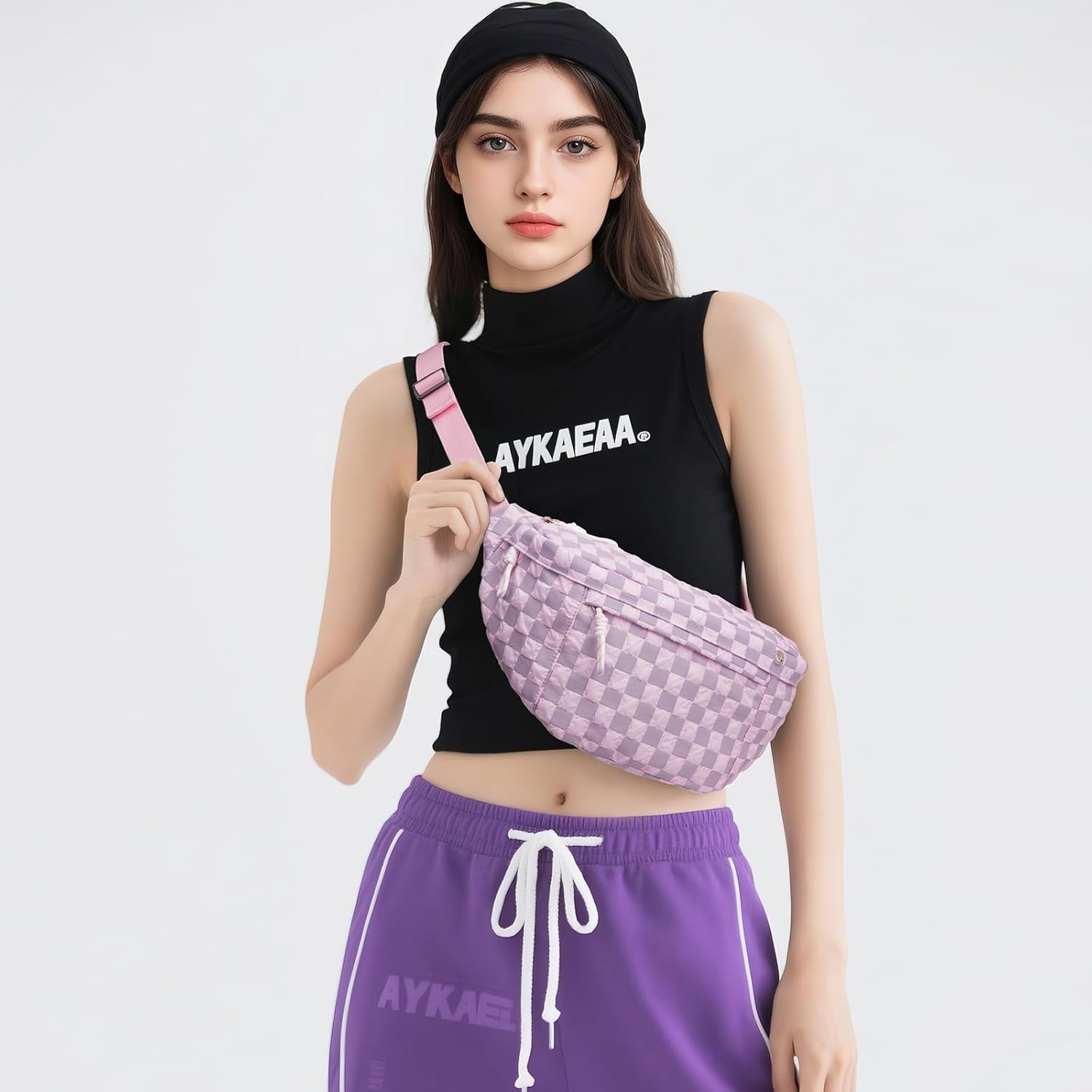Crossbody Sling Bag for Women, Checkered Nylon Belt Purse Fanny Packs (Pink)