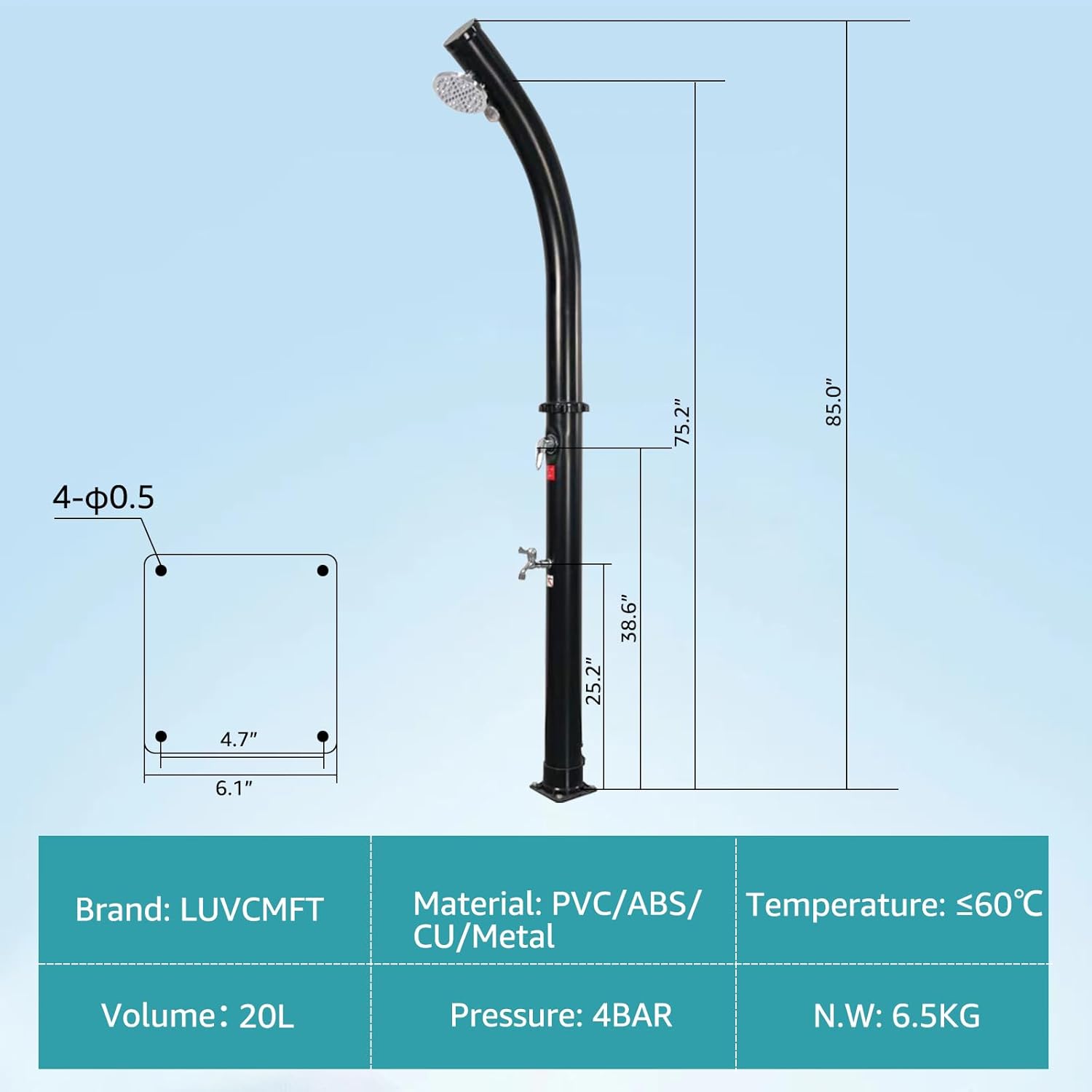 6.5 FT 5.3 Gallon Solar-Heated Outdoor Shower, Pool Shower w/Shower Head & Foot Tap Spigot & Thermometer, Facet for Backyard, Garden, Beach, Spa