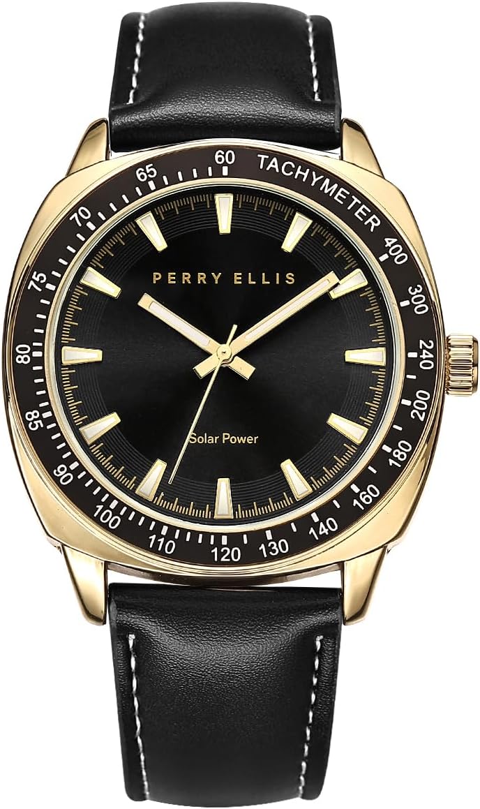 Perry Ellis Solar Powered Men's Watch – Vegan Leather Analog Wrist Watch for Men, Water-Resistant 43mm with Aluminum Tachymeter Bezel, Elegant Gift Choice