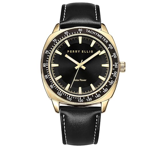 Perry Ellis Solar Powered Men's Watch – Vegan Leather Analog Wrist Watch for Men, Water-Resistant 43mm with Aluminum Tachymeter Bezel, Elegant Gift Choice