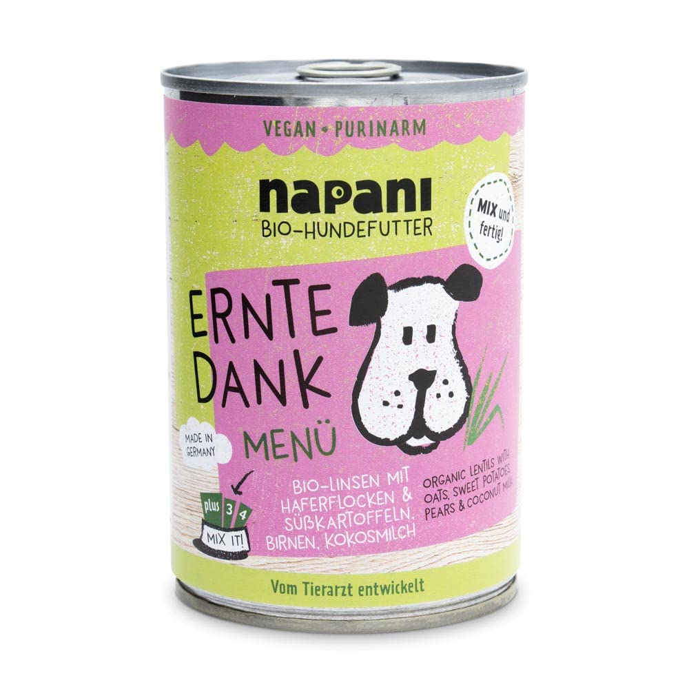 Ernte Dank - Veganes Hundefutter nass, Bio Hundefutter mit Linsen & Haferflocken, Hunde Nassfutter, purinarm & schonend gegart, 12 x 400g