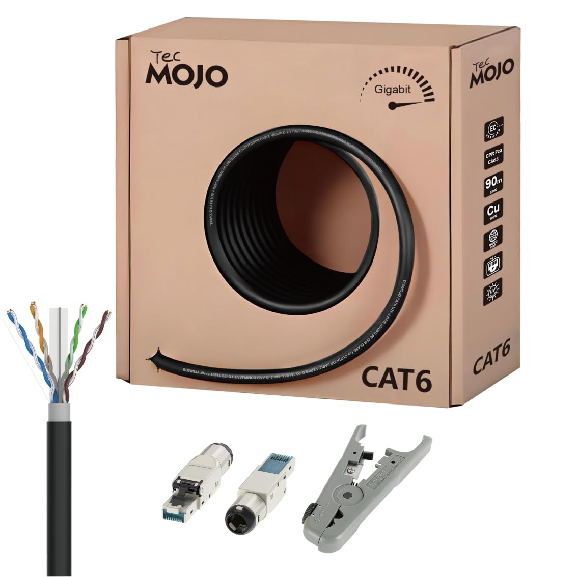 Tecmojo Cavo di rete Ethernet LAN per esterni CAT6 UTP, 50 m, gigabit puro rame 23AWG PVC+PE doppio rivestimento CPR Fca UV Resist Direct Bury nero