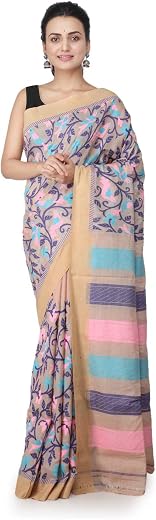 PinkLoom Women's Cotton Silk Jamdani Saree With Blouse Piece, Beige, Ghca26