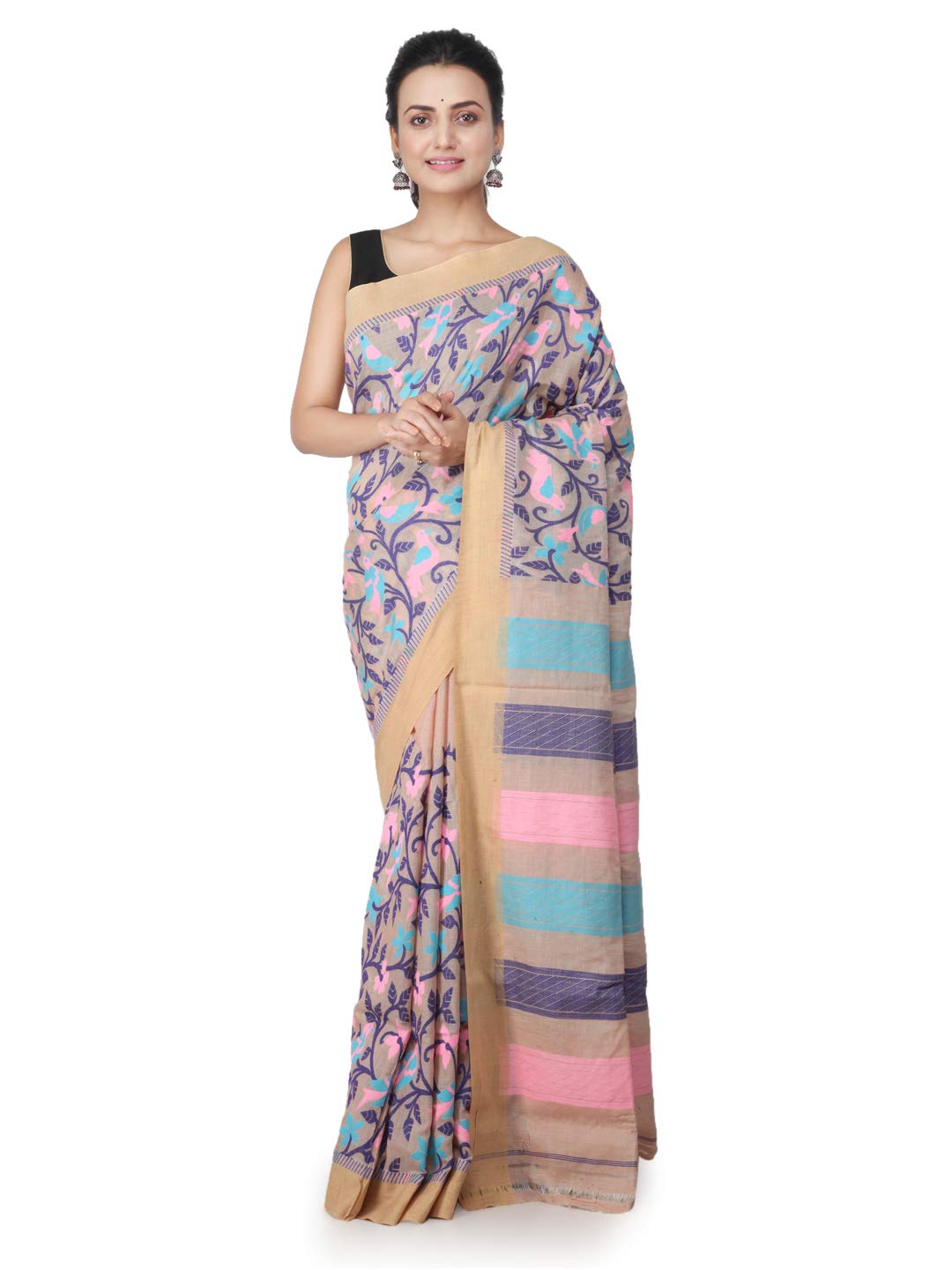 PinkLoom Women's Cotton Silk Jamdani Saree With Blouse Piece, Beige, Ghca26