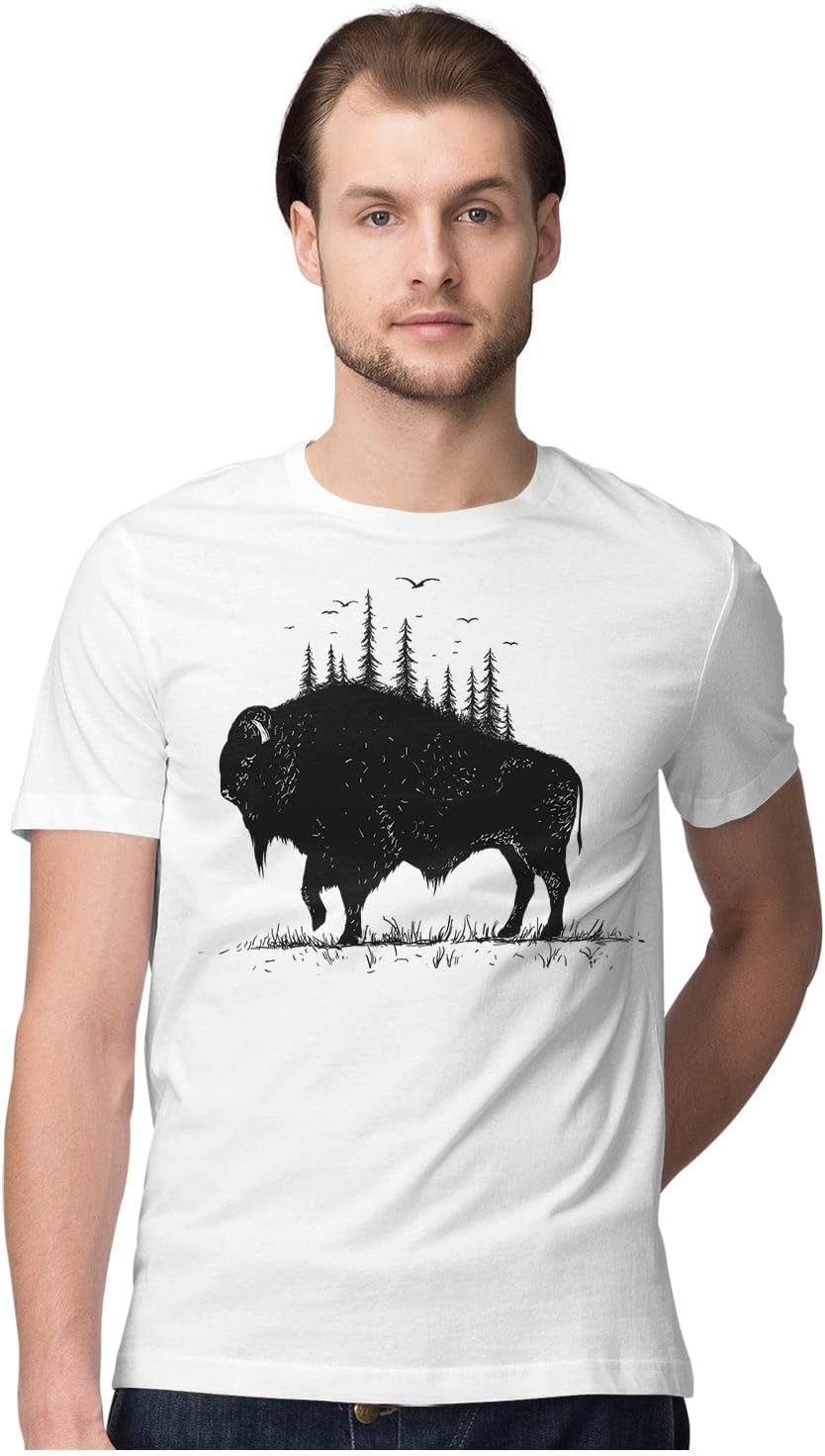 HeybrohMen's Regular Fit T-Shirt Majestic Wandering Bison - Landscape Illustration 100% Cotton T-Shirt