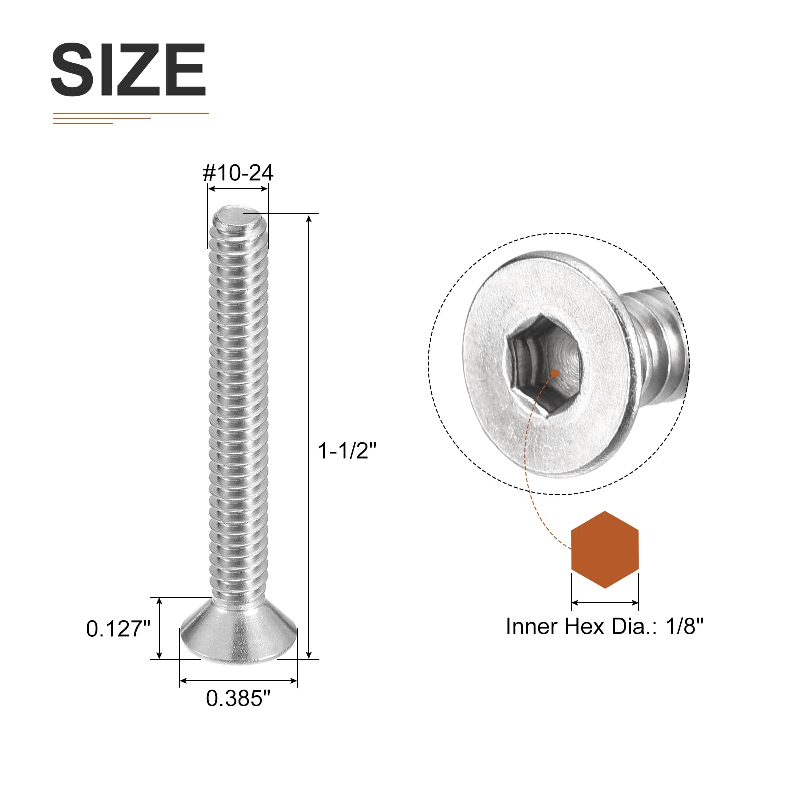 DTGN #10-24 x 1-1/2" Flat Head Socket Cap Screws, 50 Pack 304 Stainless Steel Hex Socket Flat Head Screws, Full Thread - Image 2
