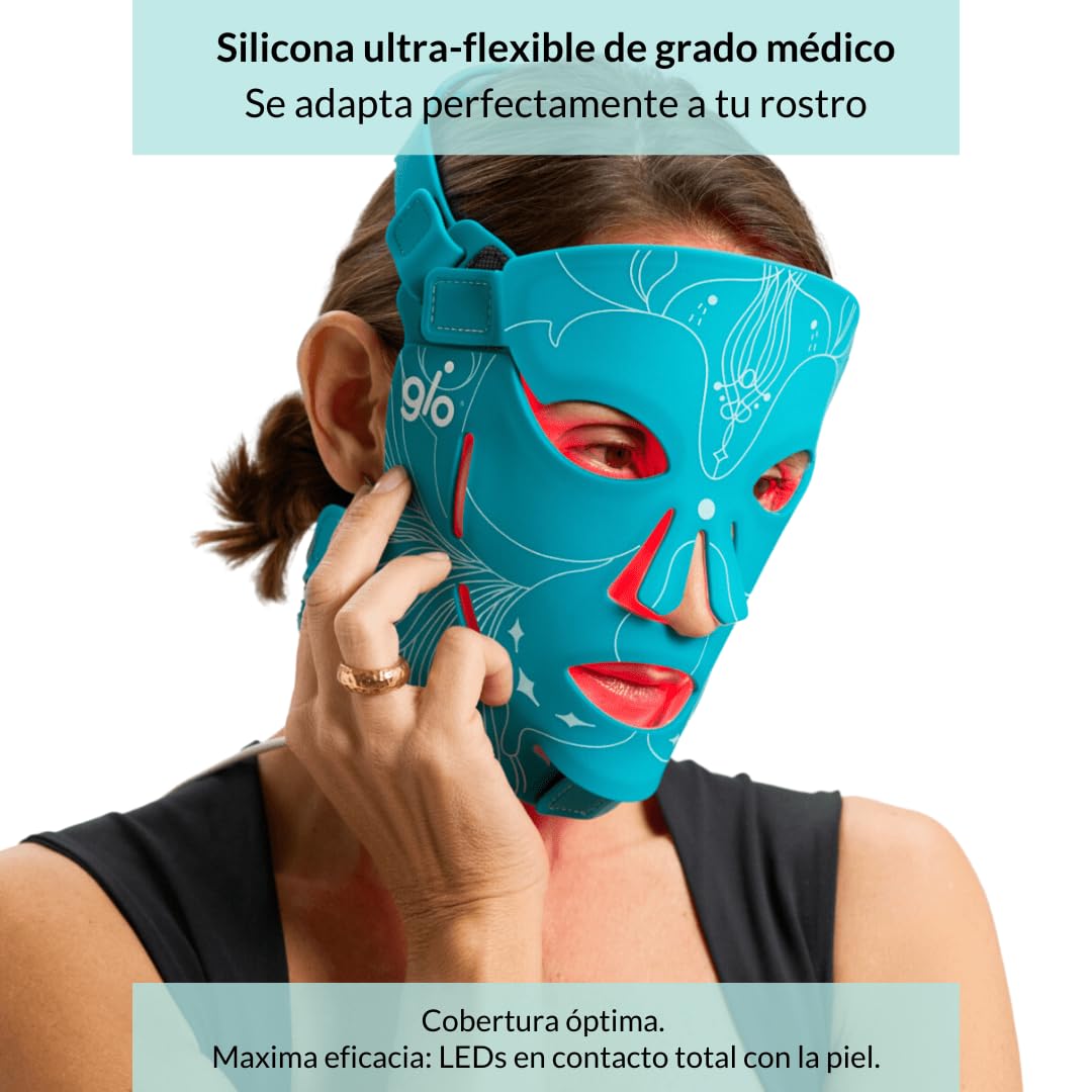 Glo Mask I Máscara LED Facial de Silicona Flexible I Dispositivo de Luz Roja e Infrarroja NIR para Cuidado Facial en Casa I Tecnología LED con 3 Longitudes de Onda I Recargable