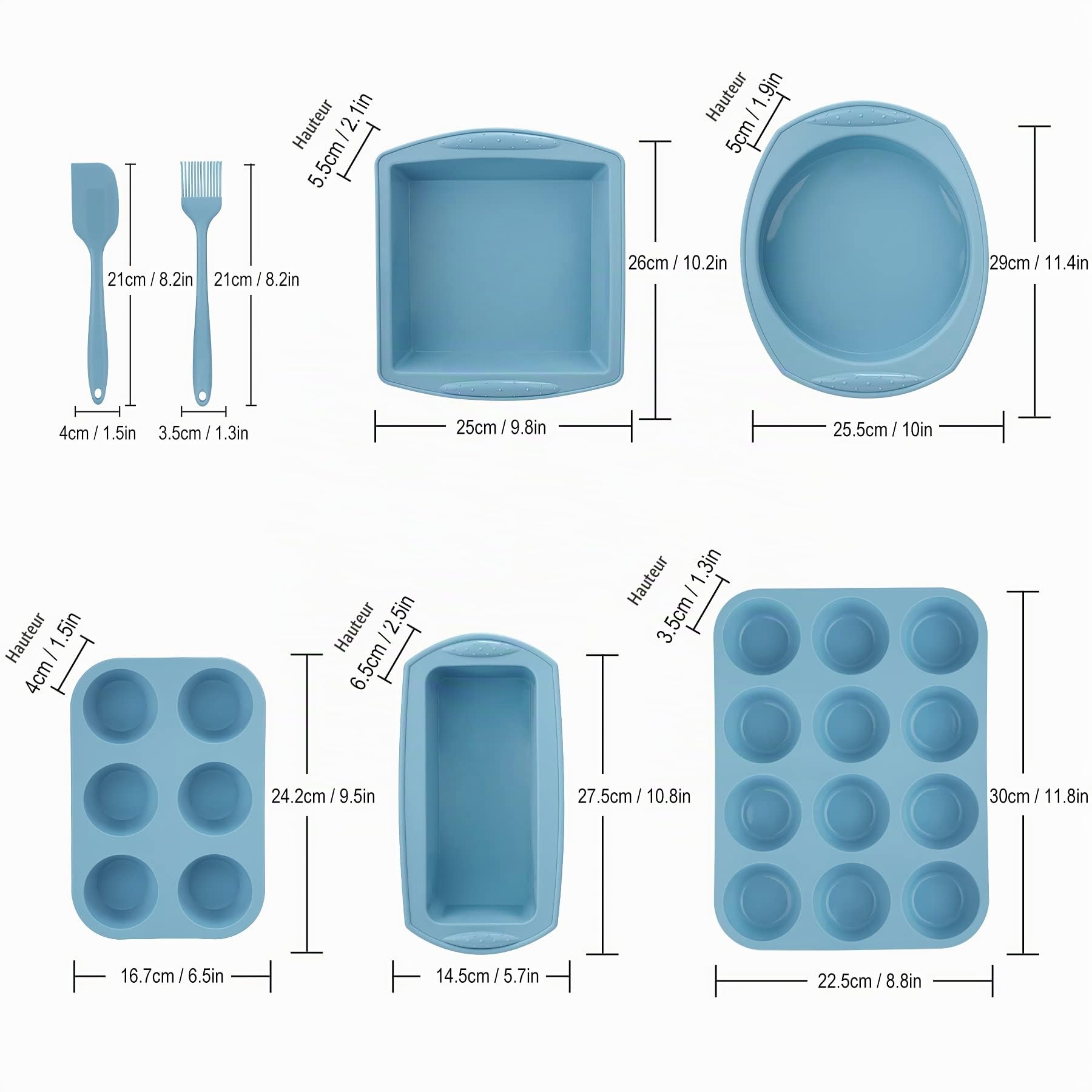 Aschef 7en1 Moule Gateau Silicone Antiadhésif Moules à Pâtisserie Four Rectangulaire Carré Rond Plaque à Patisserie Plat à Cake Résistant à la Chaleur pour Cupcake Pain Pizza Muffins Brioche