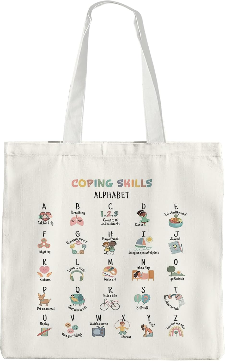 Coping Skills Alphabet Mental Health Canvas Tote Bag,Inspirational Psychologist Gifts for Women Girls,Motivational Reusable Grocery Shopping Bags
