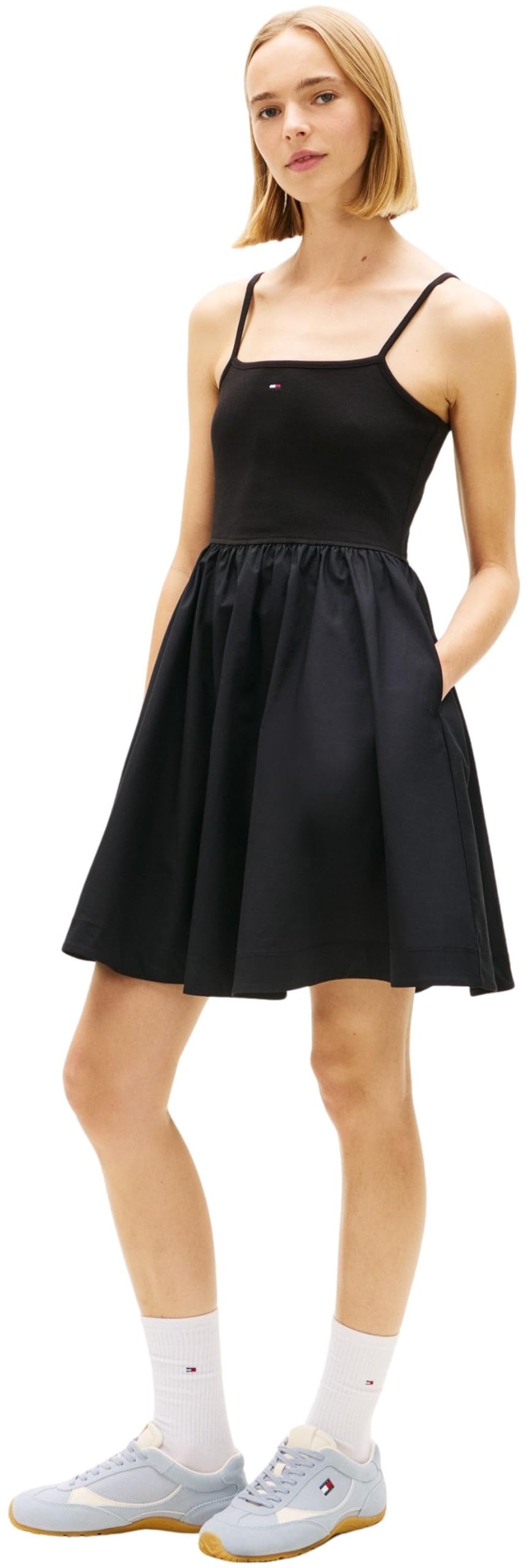 Tommy Jeans Women's Tjw Rib Poplin Mix Strappy Dress DW0DW22352 Flare Dress, Black (Black), M
