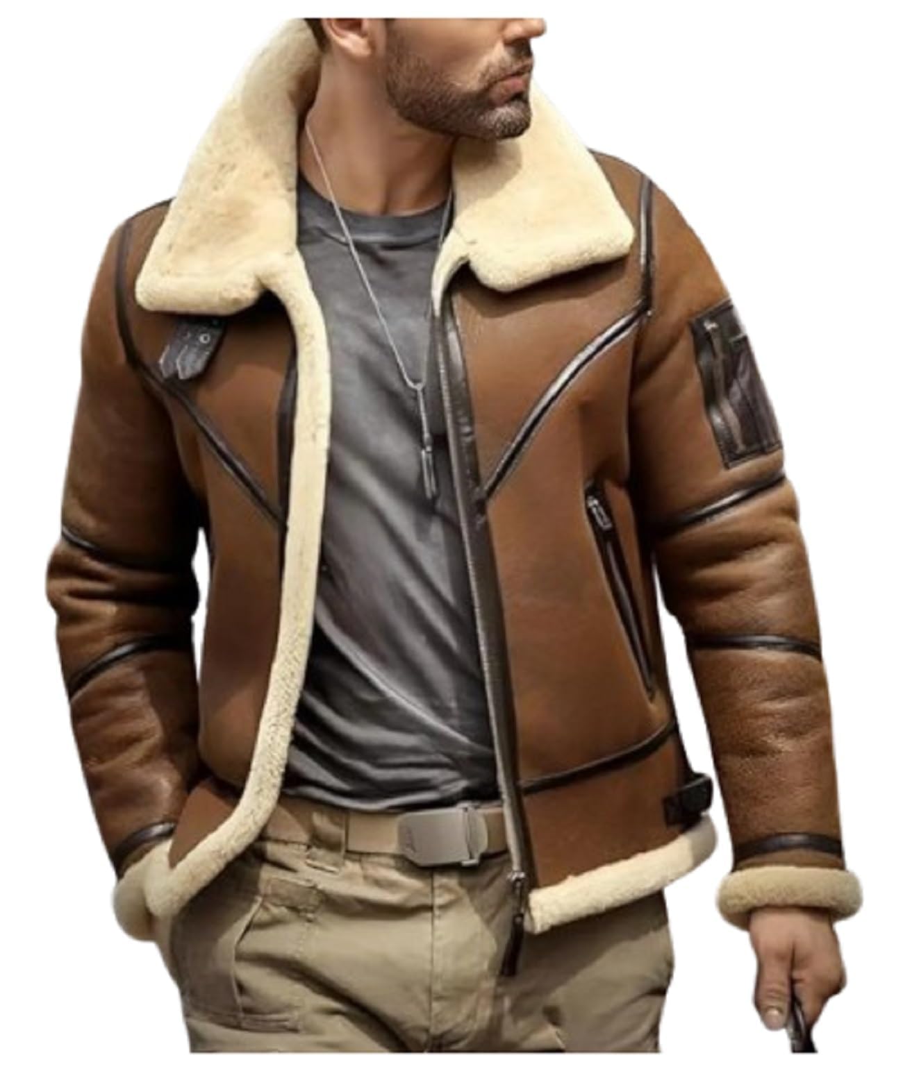 Chaqueta bomber de aviador de cuero marrón para hombre con piel sintética de oveja color crema