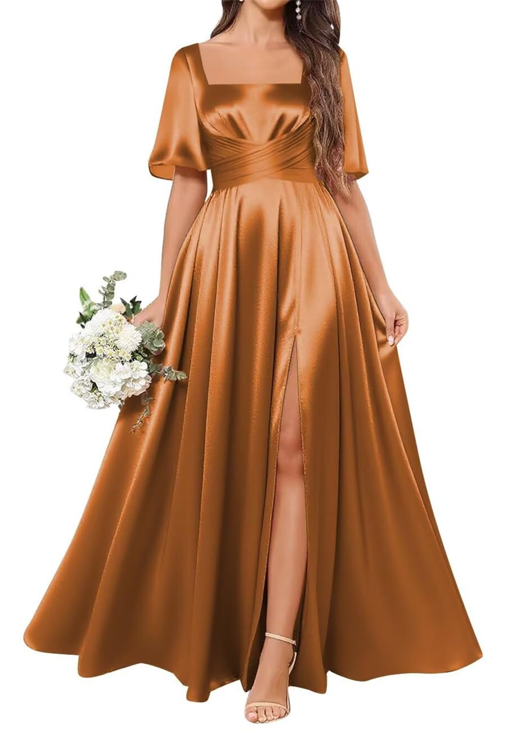 Hppee Women's Burnt Orange Bridesmaid Dresses With Slit For Wedding Party A Line Satin Prom Dress Floor Length Formal Party Gown Uk16
