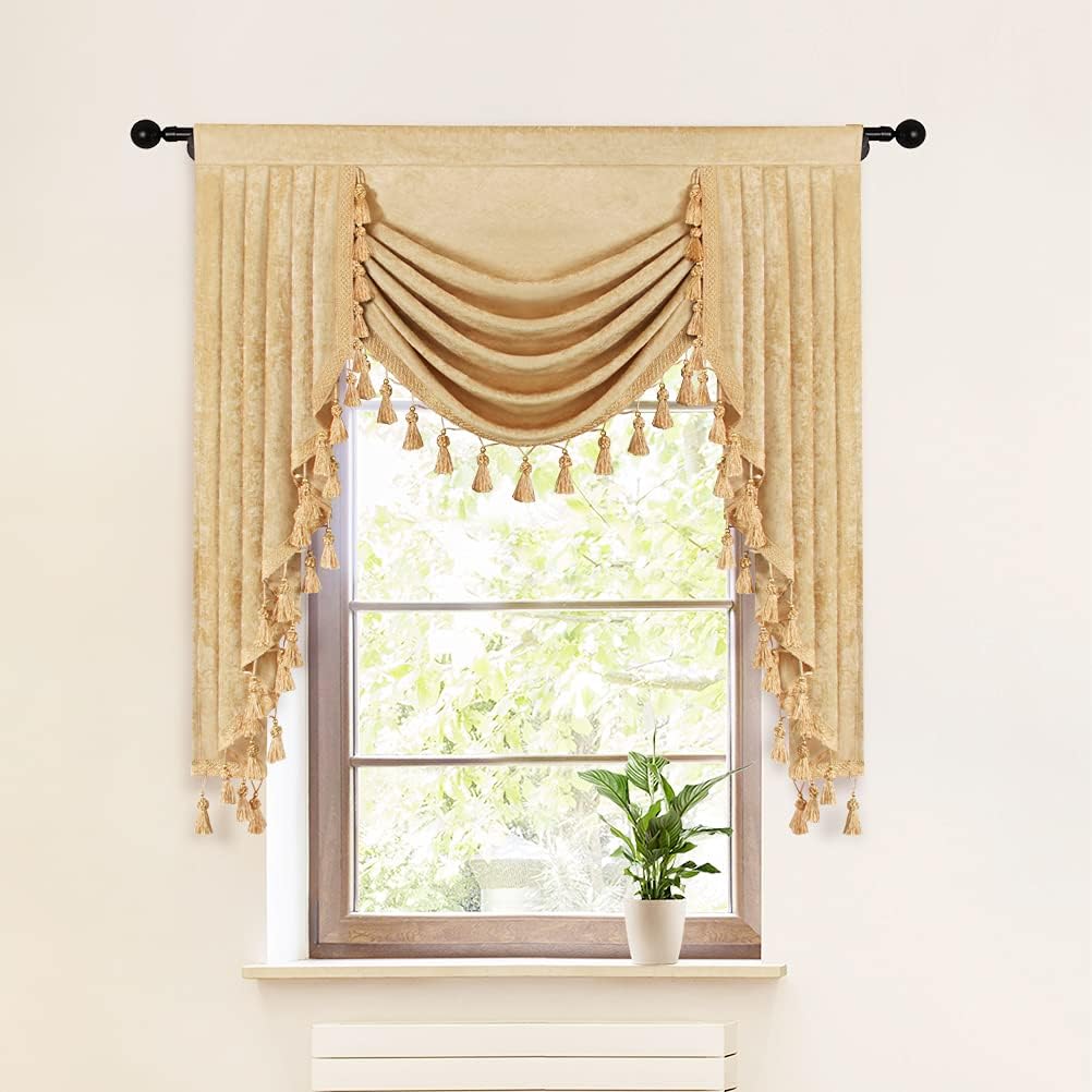 ELKCA Thick Chenille Window Curtains Valance for Living Room Luxury Gold Waterfall Valance for Bedroom,Rod Pocket (W39,1 Panel)