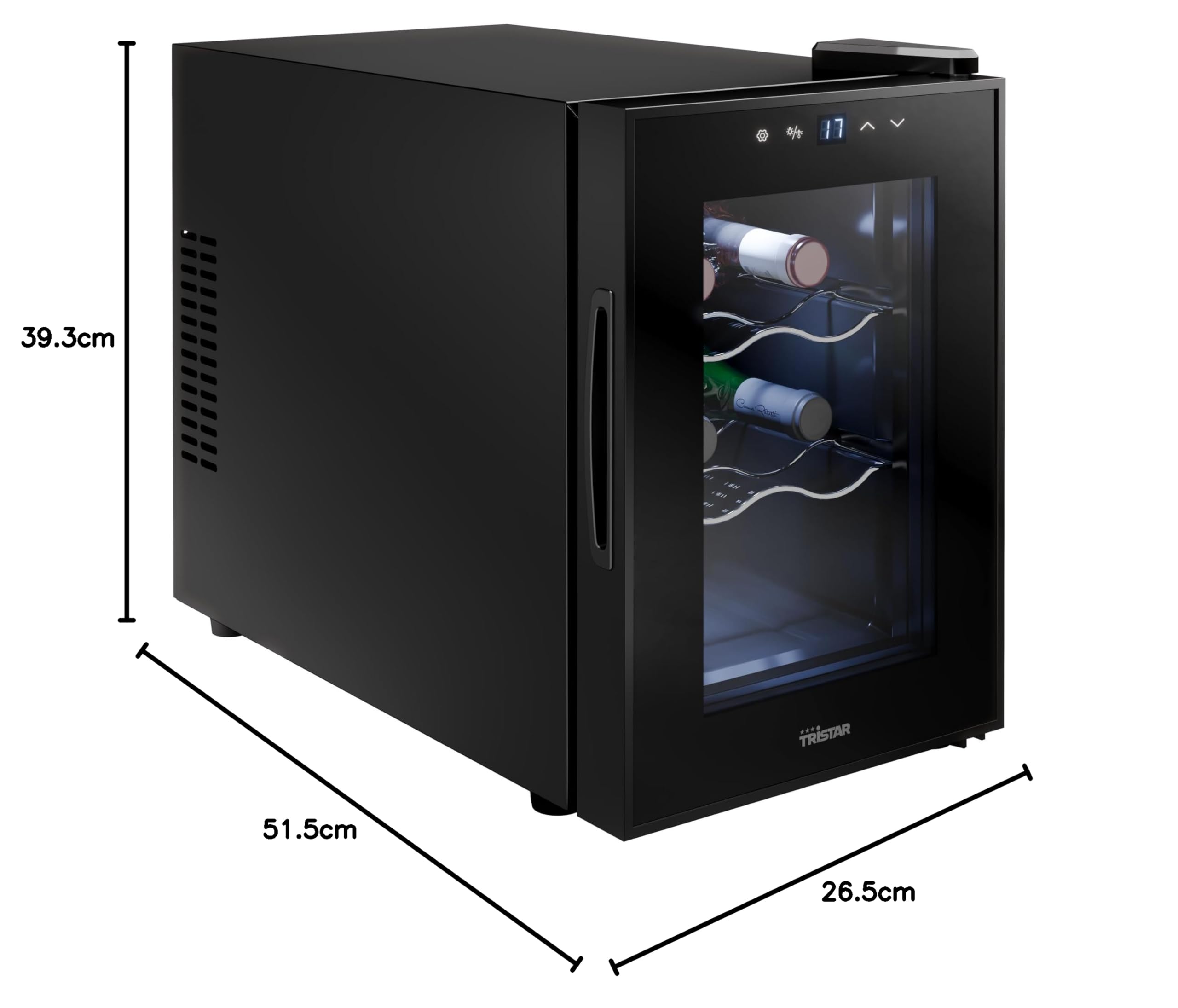 Tristar Cantinetta vino Grande Saignée – Per fino a 6 bottiglie – 17 L – Termoelettrica – Porta in vetro – Display LED touch – Luce interna – WR-7506 [Classe di efficienza energetica E]