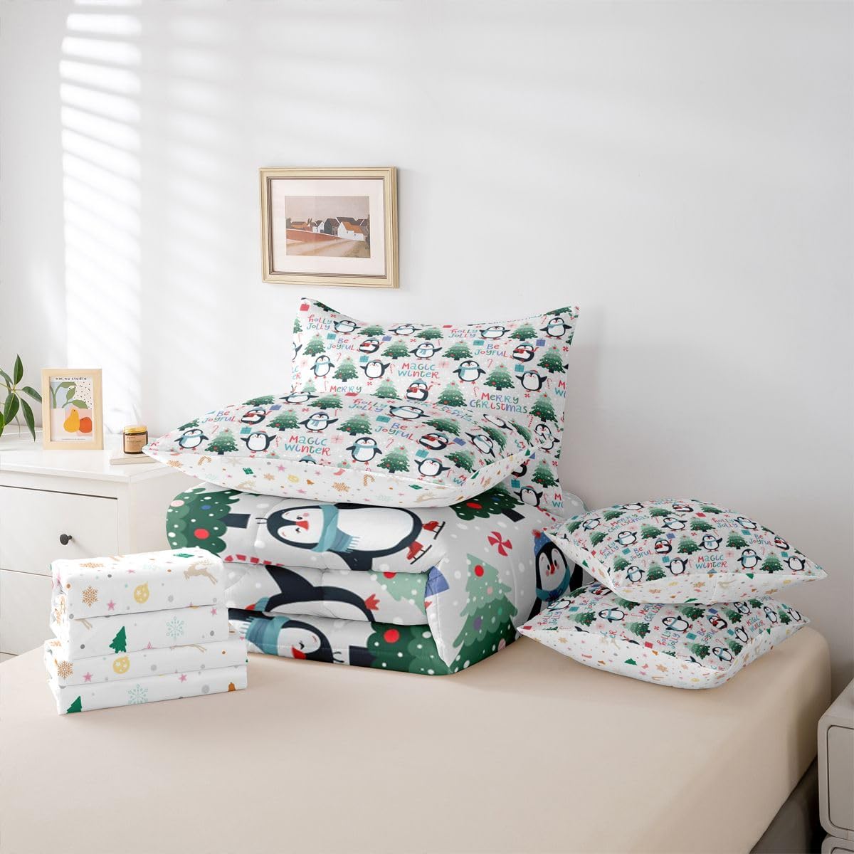 Erosebridal 7 Piece Christmas Queen Comforter Set with Sheets Cartoon Santa Claus Snowman Bed in A Bag Winter Christmas Decorations Bedding Set for Kids Boys Girls,Winter Holiday Bed Sets