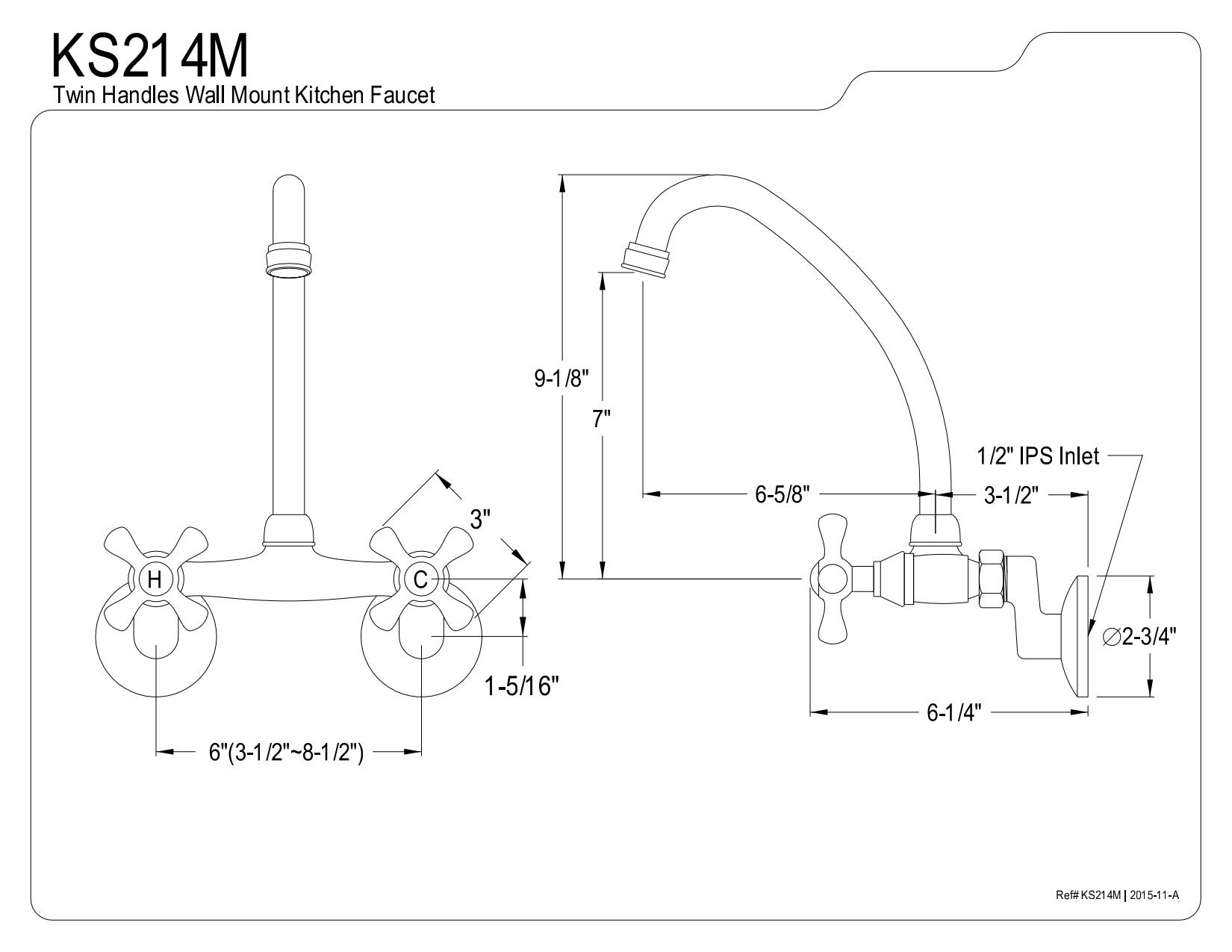 Kingston Brass KS214M - Boquilla de arco alto para montaje en pared grifo de cocina con mango de cruz de metal, cromo pulido