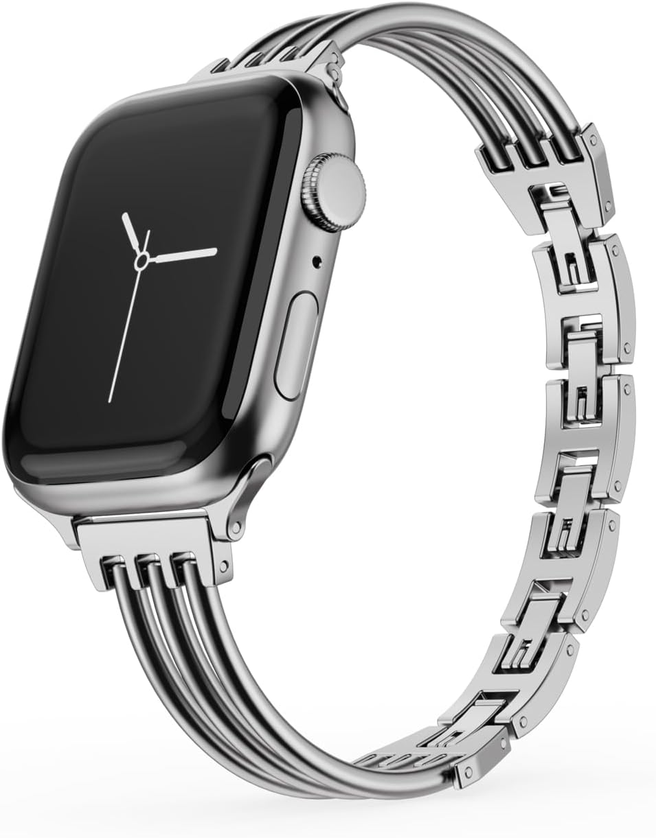 Metal Watch Band for Apple Watch 38mm 40mm 41mm 42mm 44mm 45mm 46mm 49mm, Women's, Slim Exquisite Fashion Stainless Steel Watch Band for iWatch Series 10 9 8 7 6 5 4 3 2 1 SE Ultra Silvery