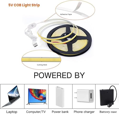 Miniatura 7 de Tira LED regulable táctil de 5 V, 3.3 ft, color blanco, 320 LED, de alta densidad, súper brillante, flexible, fuente de alimentación de conmutación