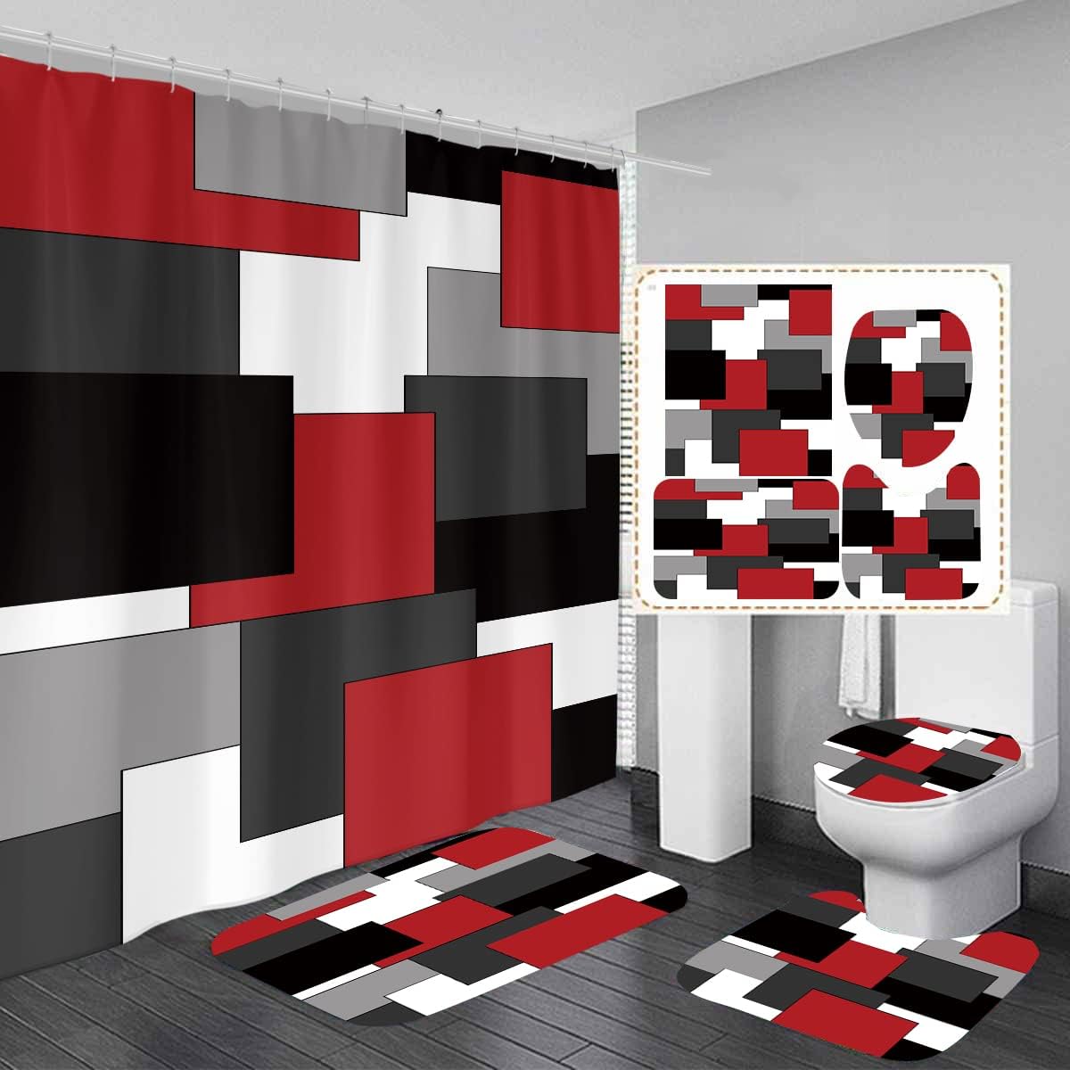 AAtter 4 Piece Red and Black Shower Curtain Set Geometric