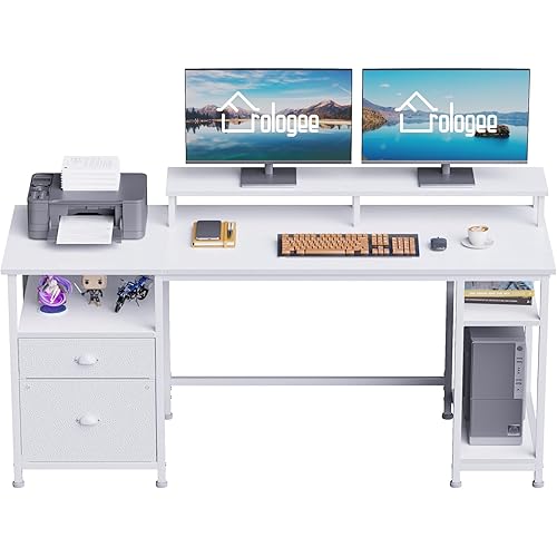 Furologee 61" Computer Desk with Fabric File Cabinet & Drawer, Reversible White Table with Storage Shelf, Office Desk with Long Monitor Stand, Writting Table Workstation, for Home/Office/White