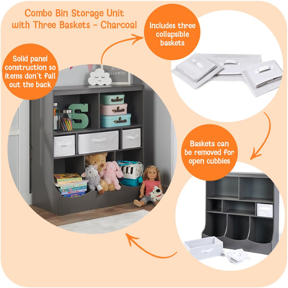 Badger Basket Combo Bin Storage Unit With 3 Baskets - Charcoal, Kids Toy Organizer & Shelf