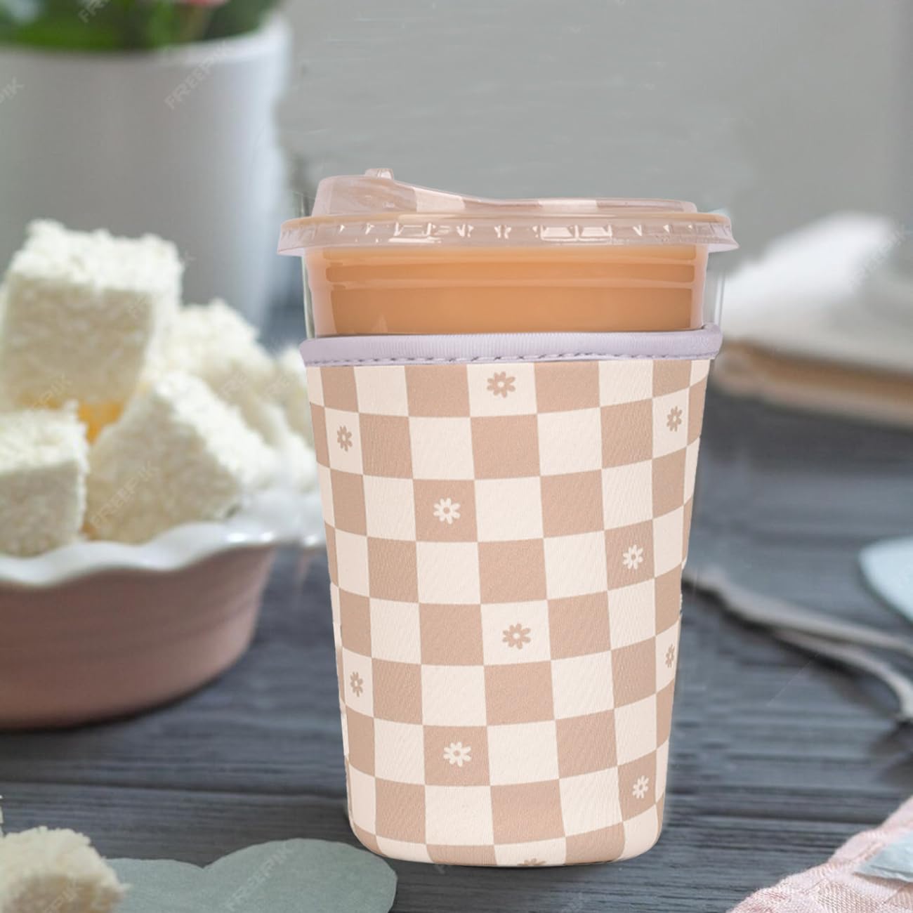 Reusable Insulated Neoprene Iced Coffee Cup Sleeve, Durable Drink Sleeve for Cold Beverages, Beverage Holder for Iced Coffee, Floral Checkers