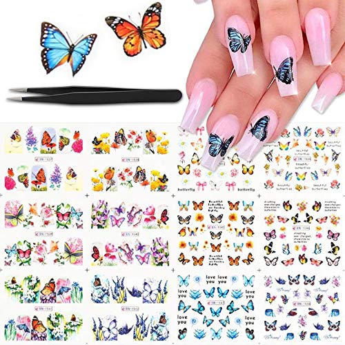 ZesNice Butterfly Nail Art Stickers Water Transferc Decals Flowers Designs gel nail polish stickers for women DIY Colorful Butterflies Foils for Nails Design Manicure Tips Decor(12Pcs+1Pcs Tweezers)