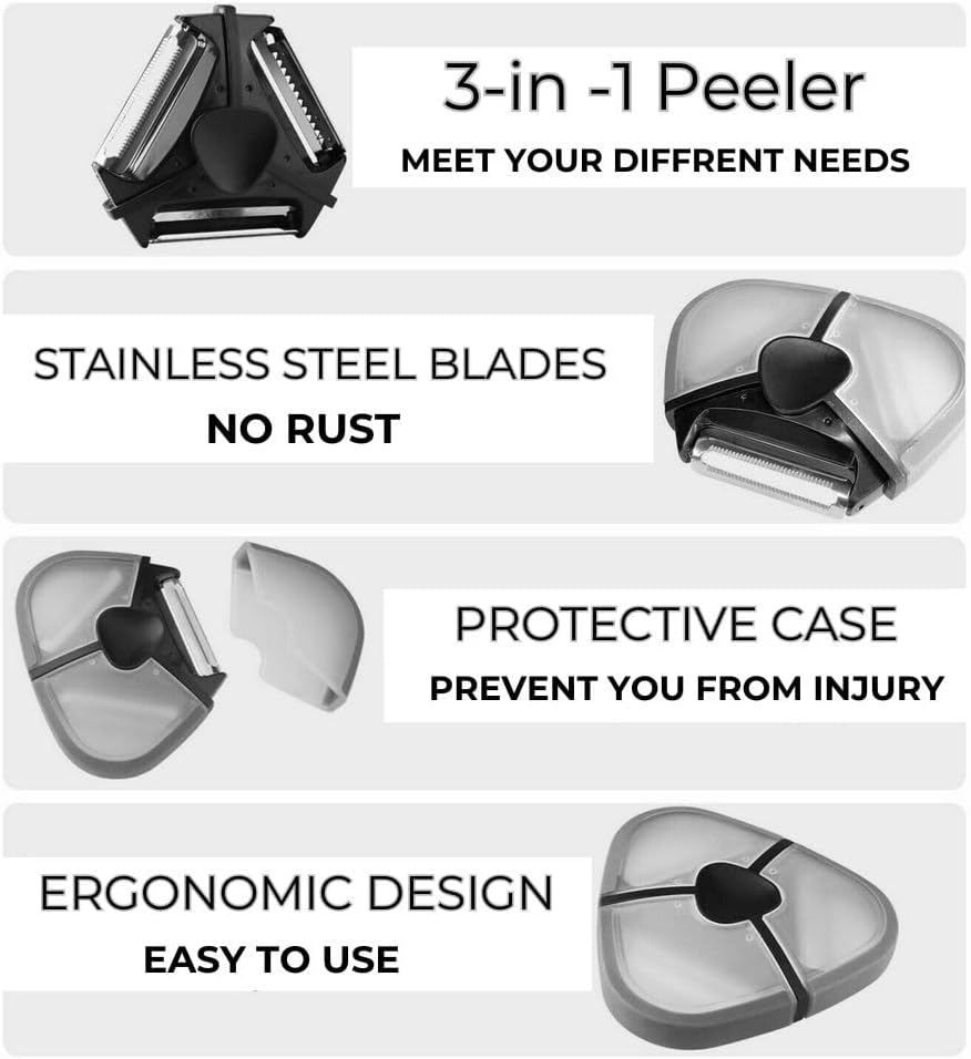 Miniatura 4 de Pelador de verduras y frutas 3 en 1 con triple cuchilla, estándar, dentada y juliana, herramienta de cocina de precisión para una preparación