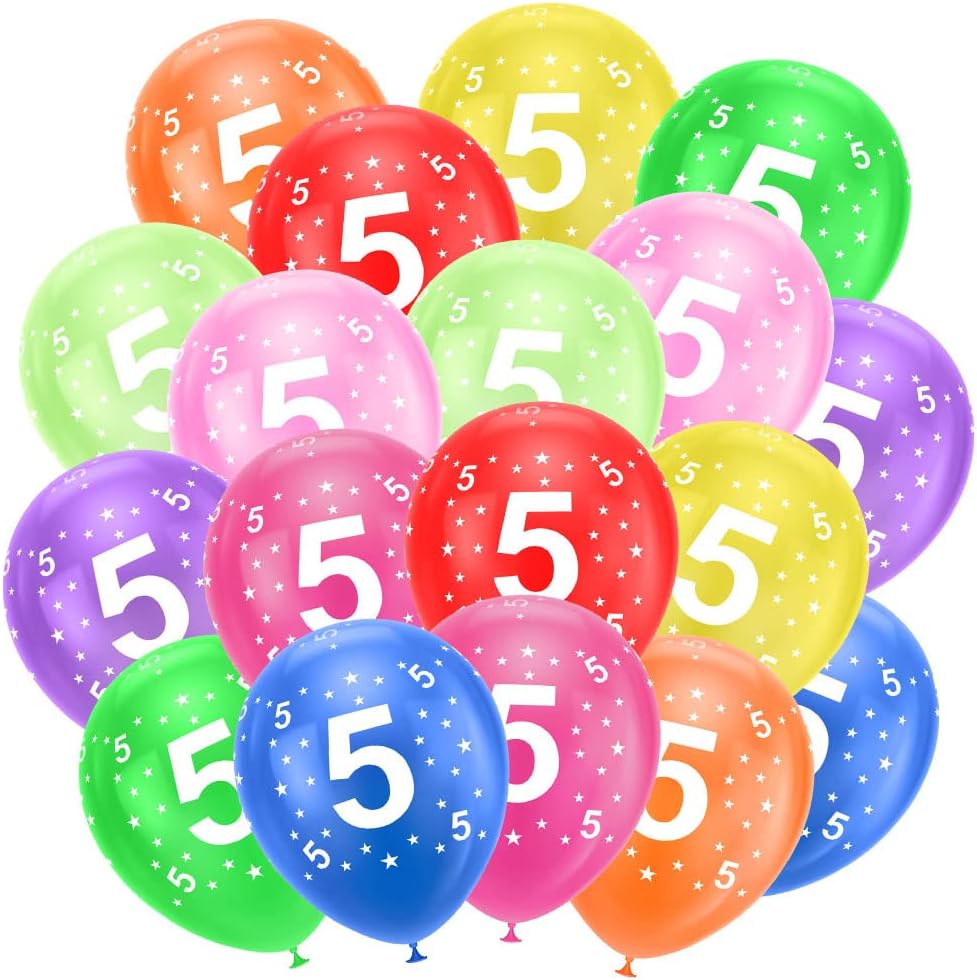 AinivPack of 18 Latex Balloons for 5th Birthday, Numbers Printed Multicolour Numbers, 5 Birthday Balloons for 5 Years, Party Decoration Supplies