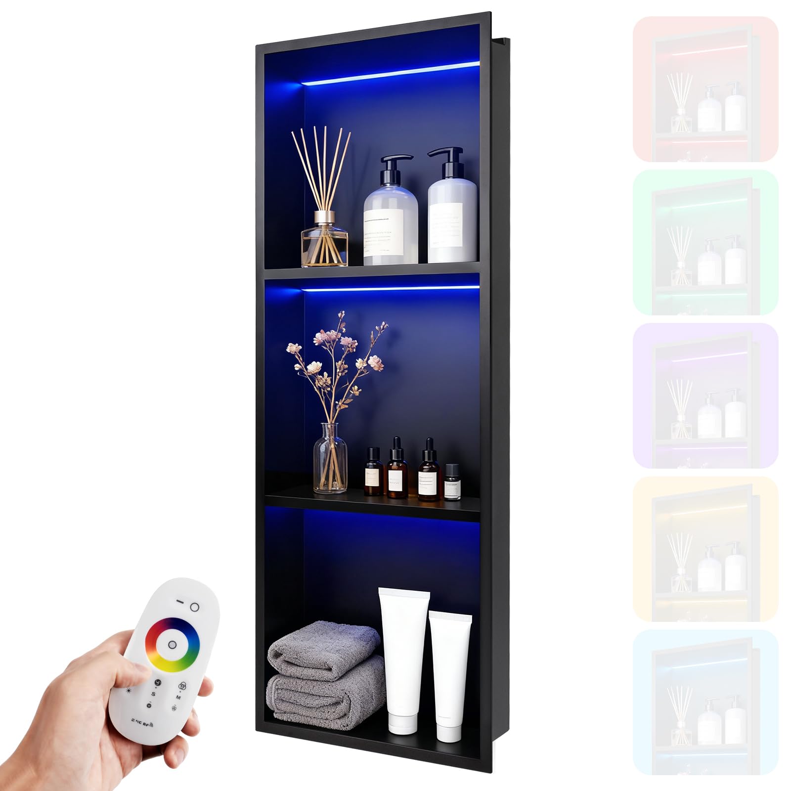 Hofuliving 12 X 36 RGB LED Shower Niche No Tile Needed Stainless Steel Shower Niche Insert Tile Ready